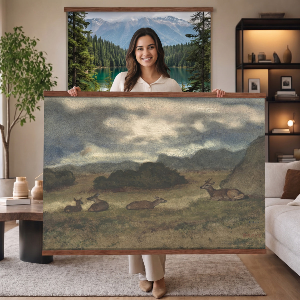 72841227-MGV-TP-30X20 - Realism oil painting tapestry wall hanging of "Bohmisch-Mahrische Hohe" by Ferdinand Engelmuller, showing a snow-covered highland village with low cottages, bare trees, and deep drifts stretching toward pale winter hills in cool white snow with warm ochre cottage walls under a pale winter sky. Extra large wall art, made in the USA.