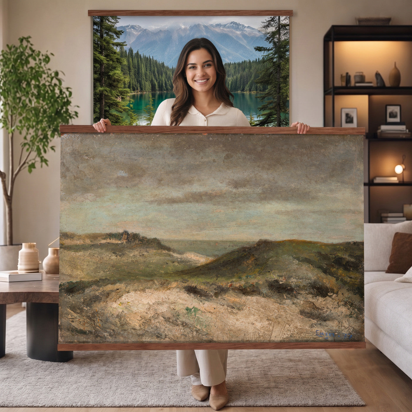 68383237-MGV-TP-30X20 - Expressionism oil painting tapestry wall hanging of "Dunes" by James Ensor, showing a steep dune ridge cutting across the canvas, with wind-bent grasses and a heavy sky pressing down behind it in muted sand and olive dune tones under a dark weighted sky. Extra large wall art, made in the USA.