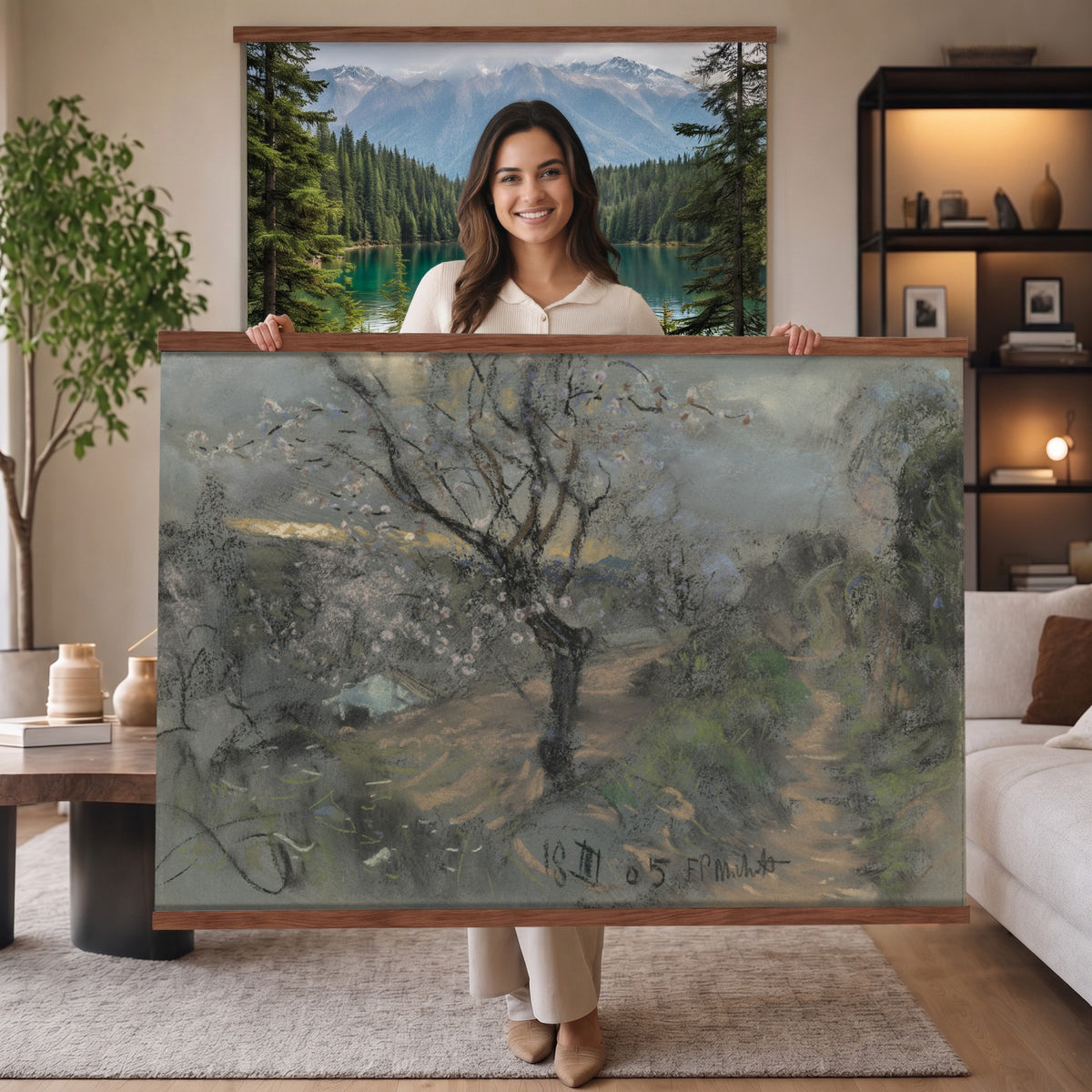 39102913-MGV-TP-30X20 - Realism charcoal and pastel sketch tapestry wall hanging of "Fields with Trees in Blossom" by Francesco Paolo Michetti, showing a dark country road running between blossoming trees, drawn in heavy charcoal under a low stormy sky in deep charcoal greys and blacks with pale blossom highlights. Extra large wall art, made in the USA.