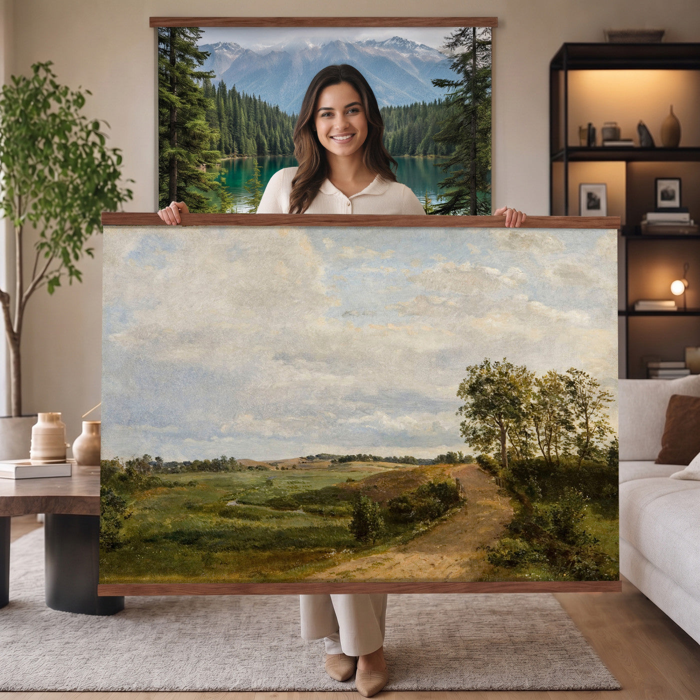 53363268-MGV-TP-30X20 - Realism oil study tapestry wall hanging of "Road across the Hills, Study" by Dankvart Dreyer, showing a bare country road climbing across open hills, with low scrub, worn ruts, and a wide Danish sky above in warm sandy road tones and dry hill greens under a pale wide sky. Extra large wall art, made in the USA.