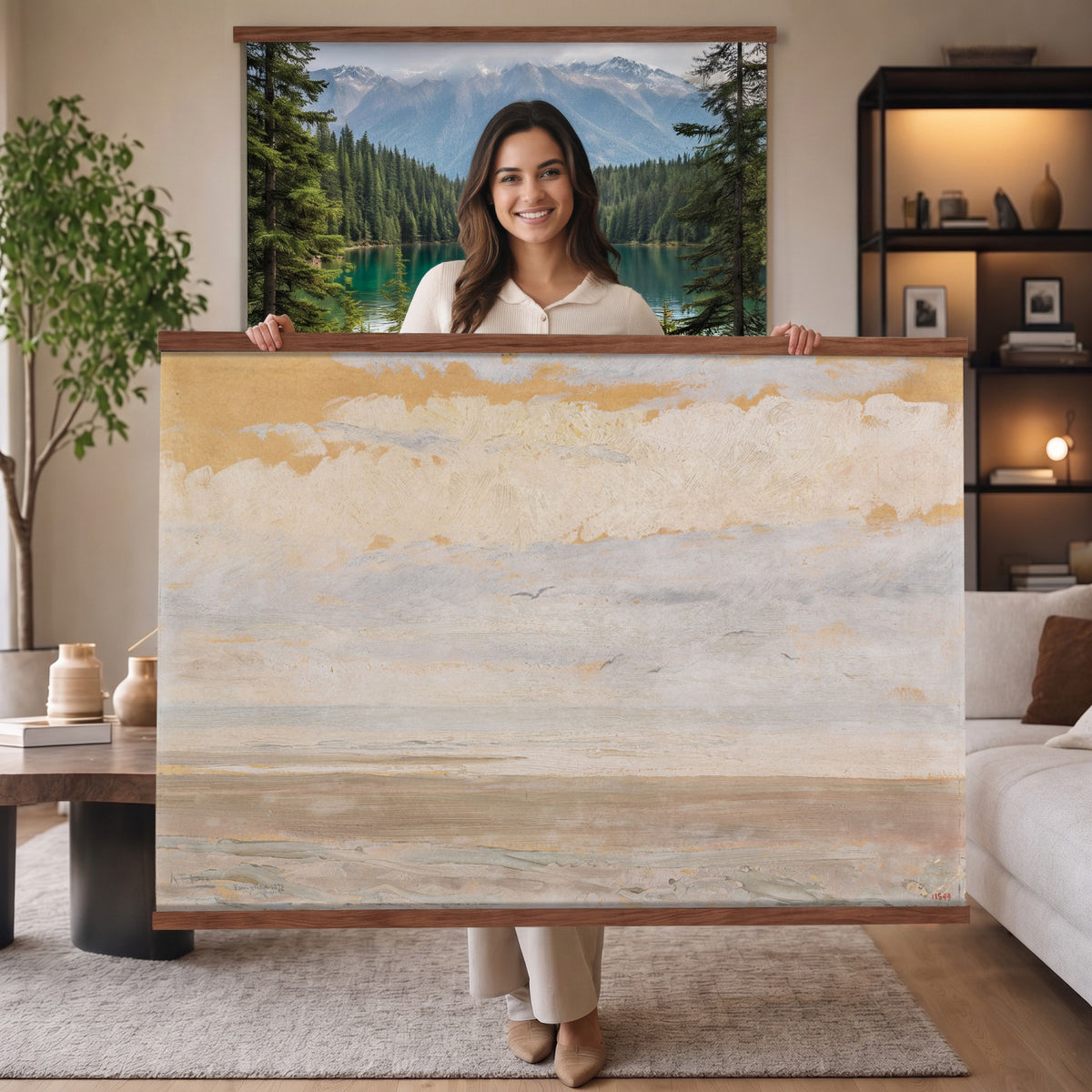84110612-MGV-TP-30X20 - Art Nouveau pastel study tapestry wall hanging of "The Immensity" by Antoni Fabres, showing a wide empty shoreline meeting a soft pastel sky, with slow drifting clouds and a barely visible horizon line in pale pink, cream, and soft blue cloud tones over a quiet shore. Extra large wall art, made in the USA.