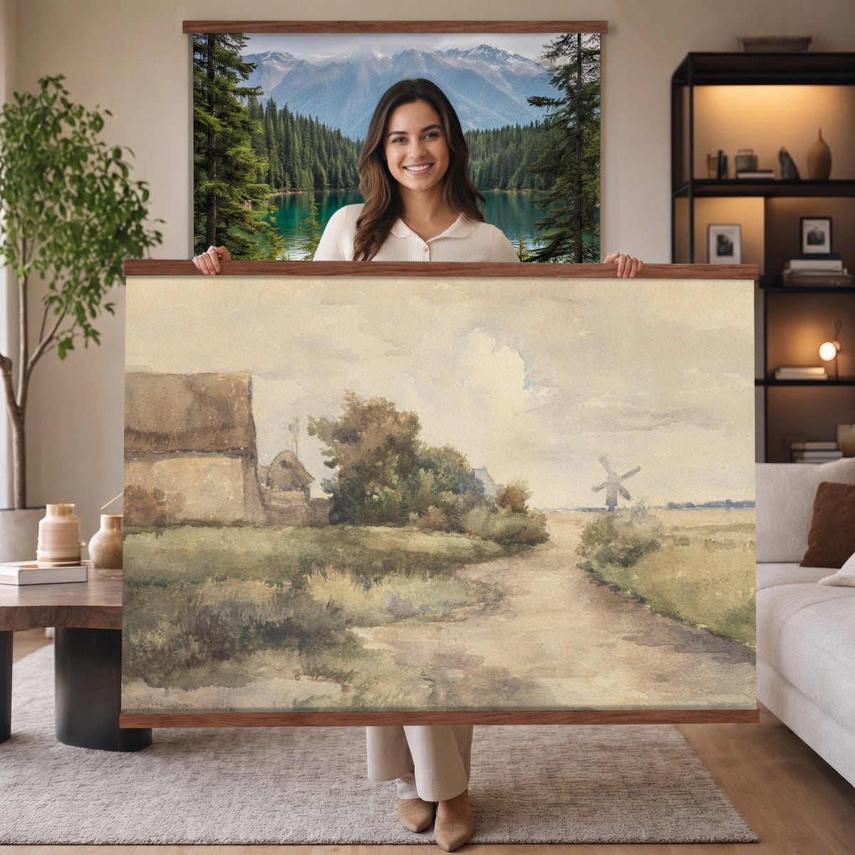 97169621-MGV-TP-30X20 - Vintage Windmill Cottage Tapestry Wall Hanging, Rustic Country Rural Art