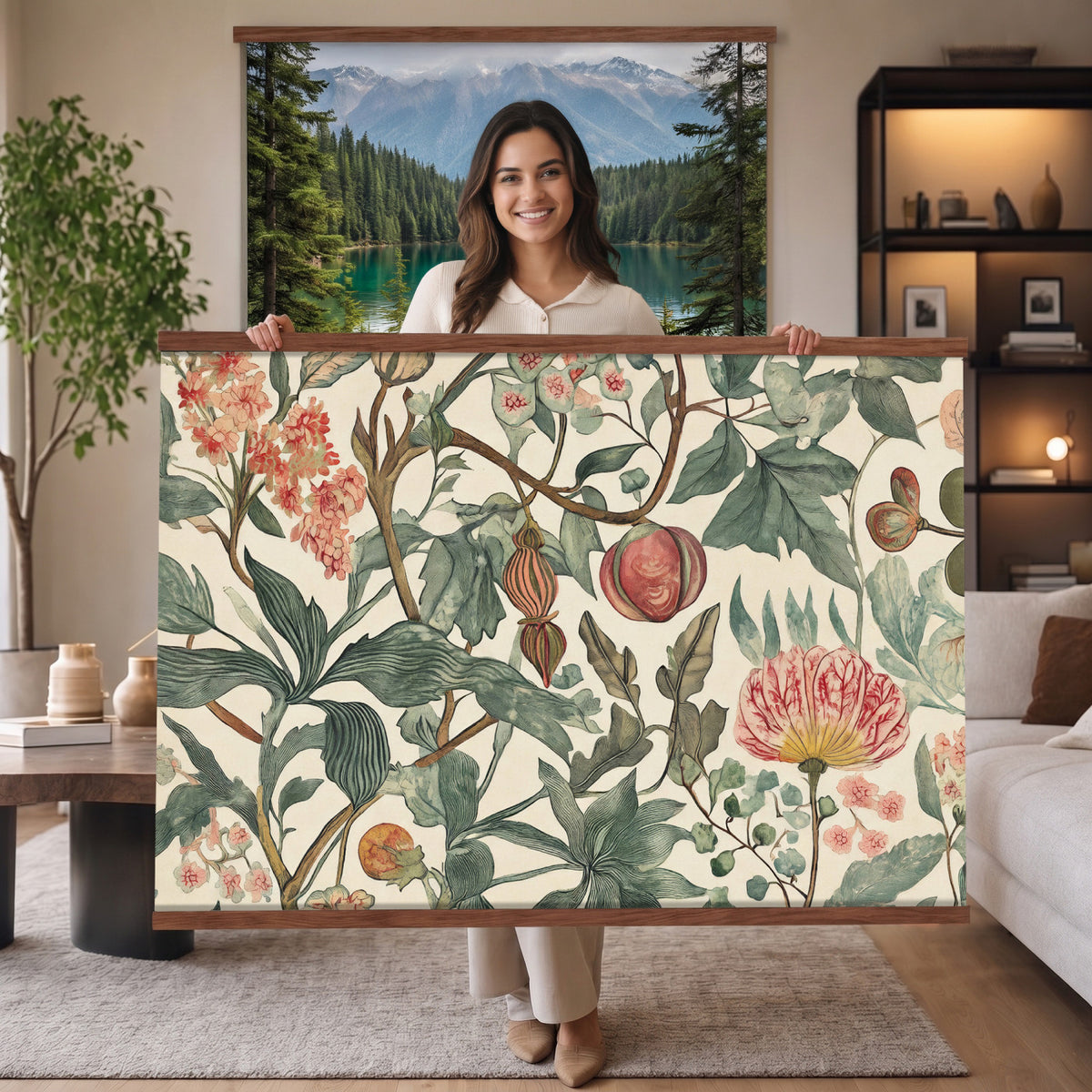 67322868-MGV-TP-30X20 - Art Nouveau pattern design tapestry wall hanging of "Pomegranate Botanical Pattern" by William Morris, showing a repeating weave of pomegranates, open blossoms and curling acanthus leaves in perfect balance in warm ruby fruit and deep green foliage on a cream ground. Extra large wall art, made in the USA.