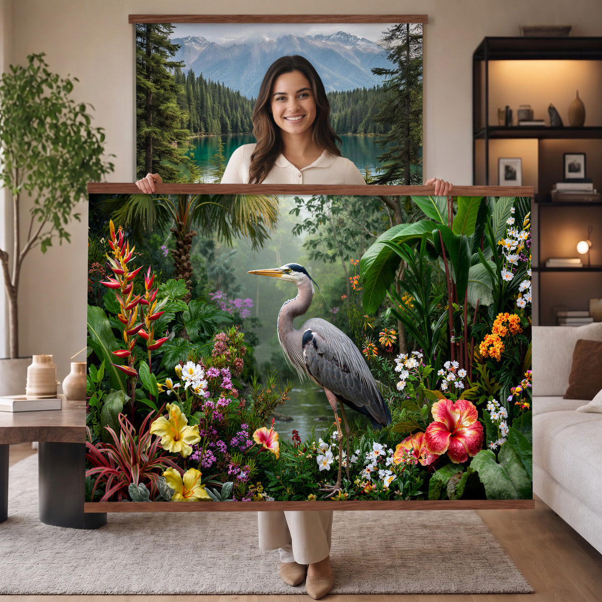 82504330-MGV-TP-30X20 - Botanical botanical illustration tapestry wall hanging of "Great Blue Heron in the Jungle", showing a great blue heron standing among hibiscus blooms, palm fronds and dense tropical foliage in deep jungle greens with red hibiscus and soft blue heron plumage. Extra large wall art, made in the USA.
