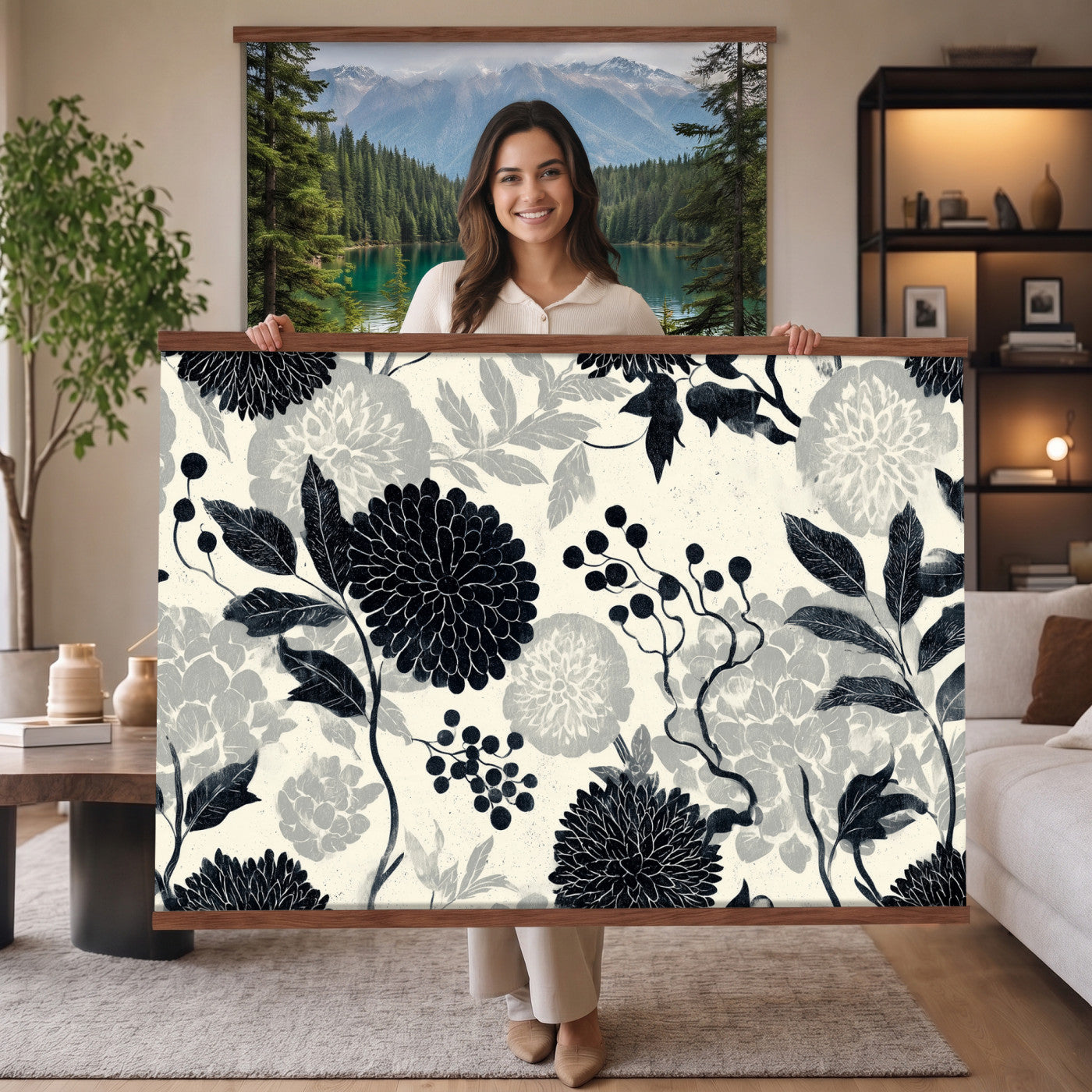 27269625-MGV-TP-30X20 - Chinoiserie ink block print tapestry wall hanging of "Chinoiserie Peony and Chrysanthemum Panel", showing peonies and chrysanthemums layered across a soft grey field, drawn in muted black line in black and soft grey linework on a warm neutral ground. Extra large wall art, made in the USA.