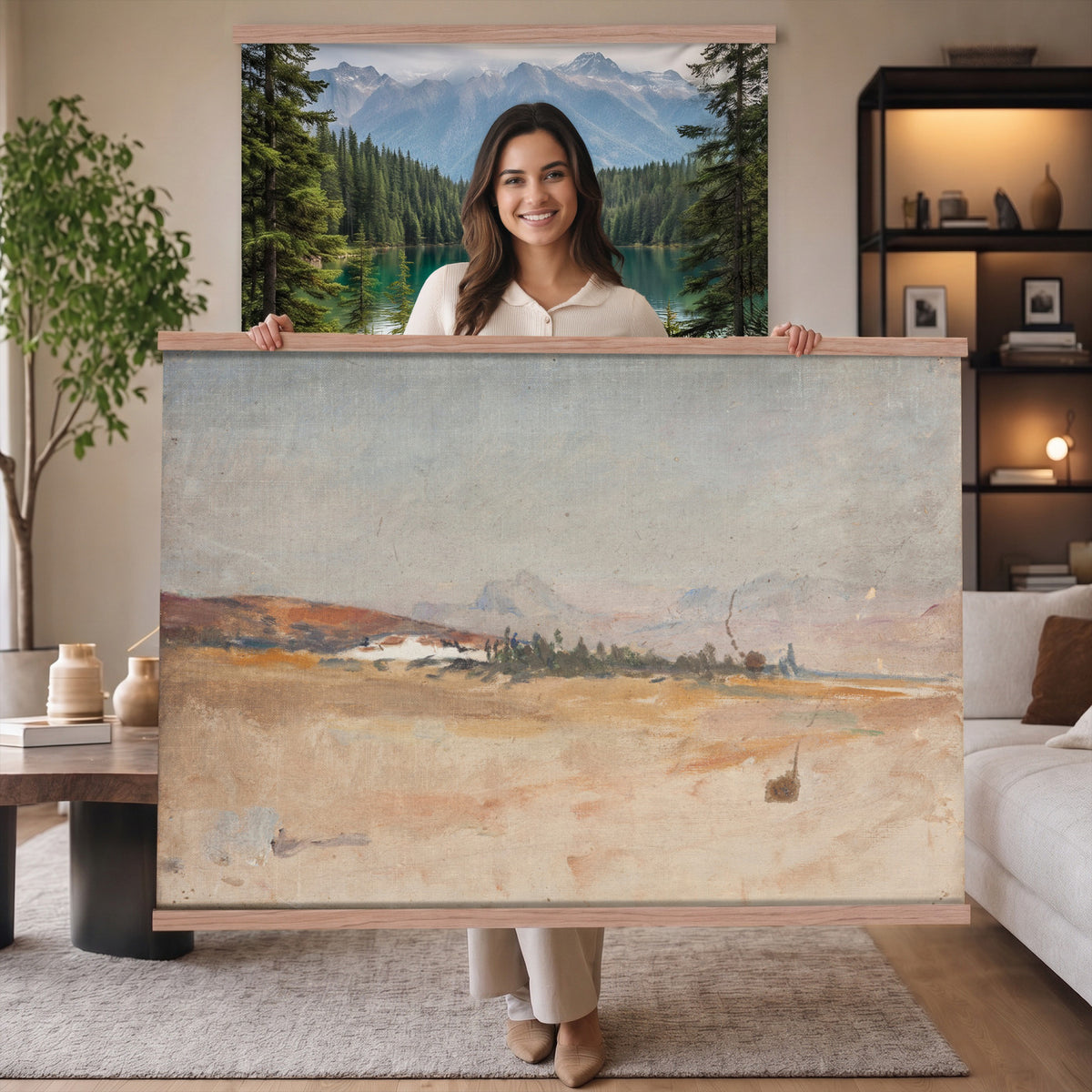 54607912-MGV-TP-30X20 - Impressionism oil painting tapestry wall hanging of "Antequera" by Jan Ciaglinski, showing the dry Andalusian hills above Antequera in warm ochre and rose light, with pale rock ridges rolling into the distance in warm ochre, rose, and sand hill tones under a bright hazy sky. Extra large wall art, made in the USA.