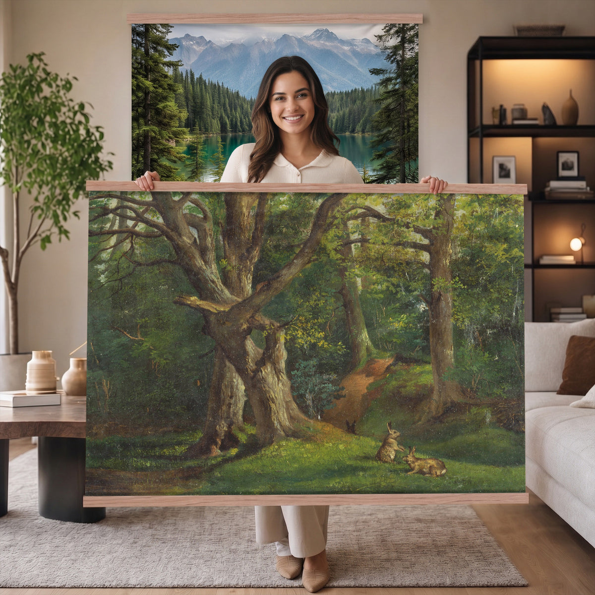 86376524-MGV-TP-30X20 - Barbizon oil painting tapestry wall hanging of "By the Brook" by Xavier De Cock, showing a shaded brook winding through dense woodland, with a small hidden figure resting among the trees in dark layered forest greens with warm brown earth and pale water light. Extra large wall art, made in the USA.