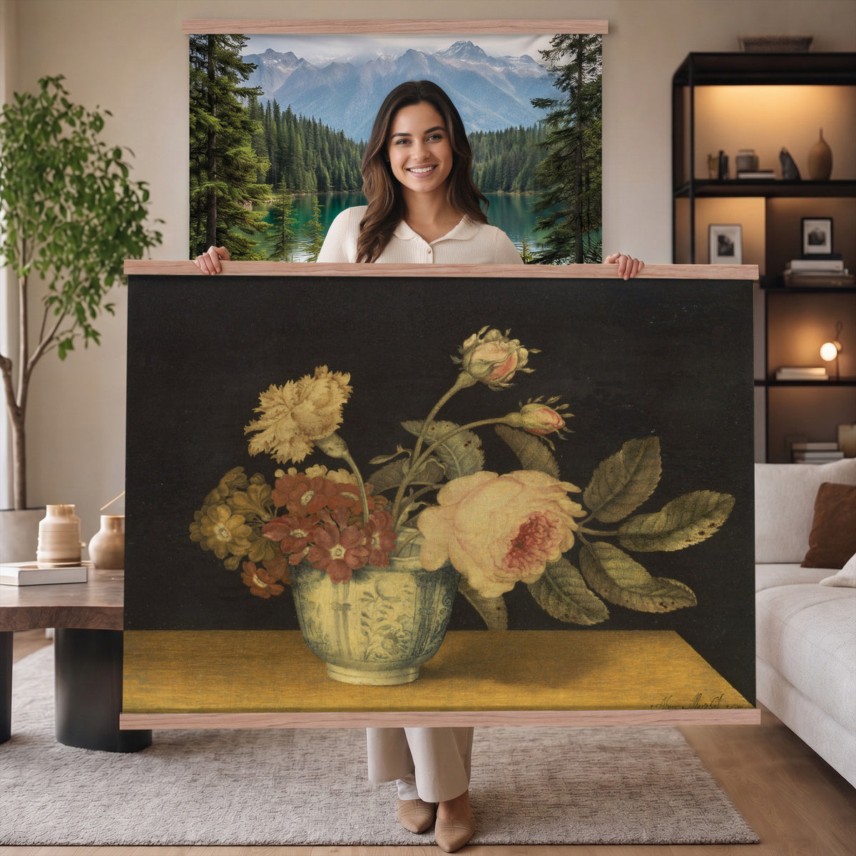 41160341-MGV-TP-30X20 - Impressionism oil painting tapestry wall hanging of "Golden Roses" by Olga Boznanska, showing a loose bunch of golden yellow roses in a glass vase, painted with soft dissolving edges against a warm ground in warm golden-yellow rose petals against a soft muted brown background. Extra large wall art, made in the USA.