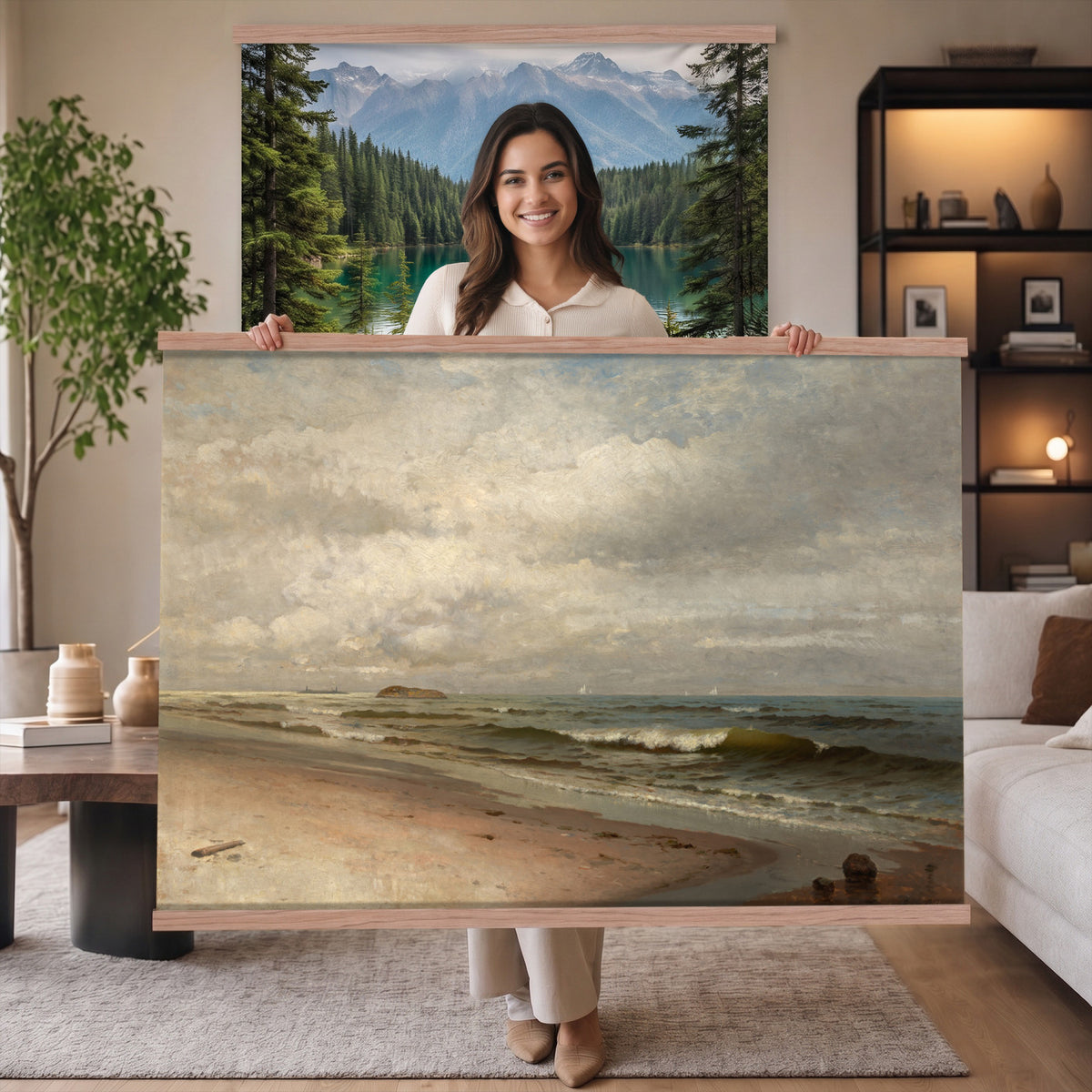 14251382-MGV-TP-30X20 - Impressionism oil painting tapestry wall hanging of "View of the Seacoast near Wargemont in Normandy" by Pierre-Auguste Renoir, showing green Normandy cliffs rolling down to a bright sea, with scattered shrubs and a light-filled summer sky in fresh greens and soft blues with warm sunlit highlights. Extra large wall art, made in the USA.