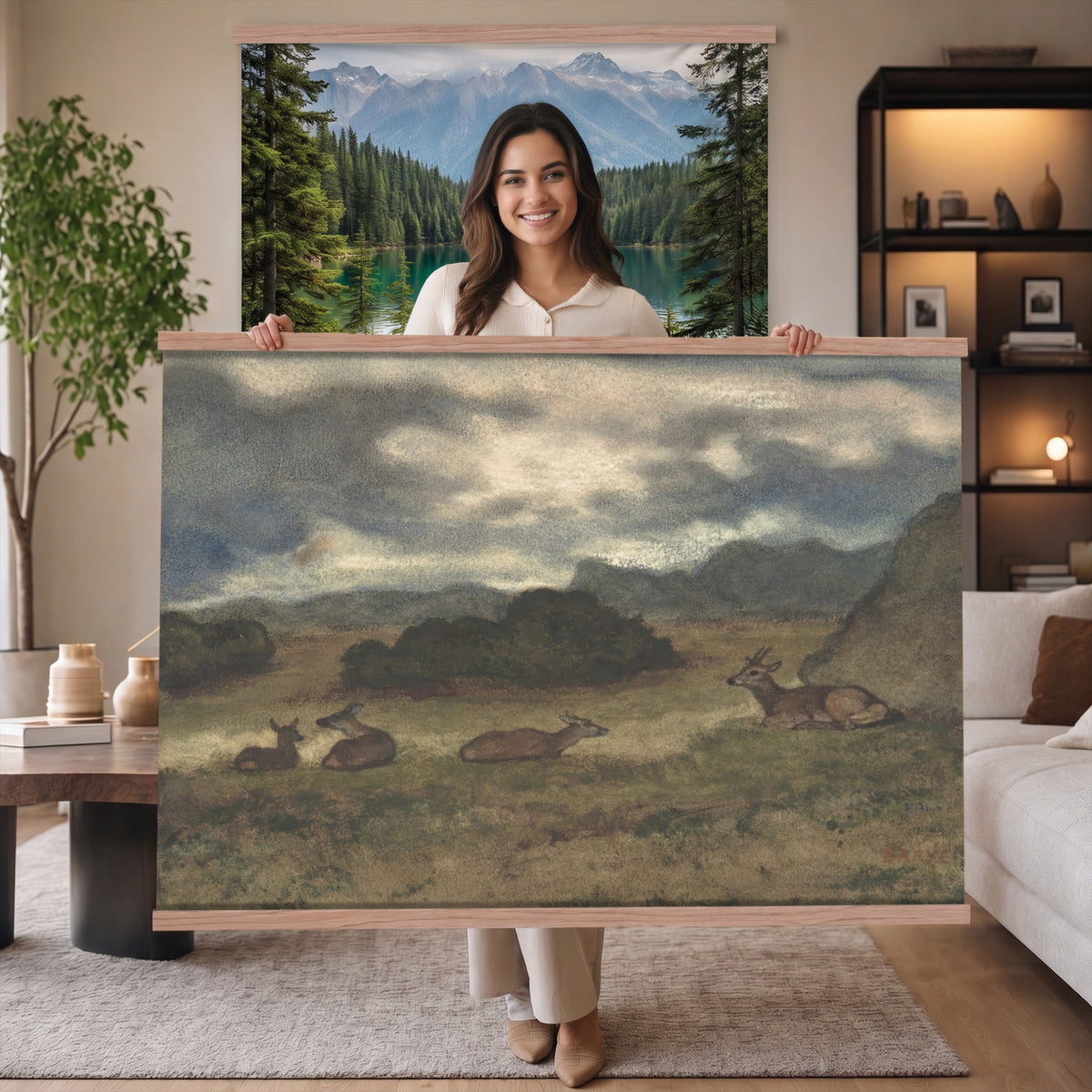 72841227-MGV-TP-30X20 - Realism oil painting tapestry wall hanging of "Bohmisch-Mahrische Hohe" by Ferdinand Engelmuller, showing a snow-covered highland village with low cottages, bare trees, and deep drifts stretching toward pale winter hills in cool white snow with warm ochre cottage walls under a pale winter sky. Extra large wall art, made in the USA.
