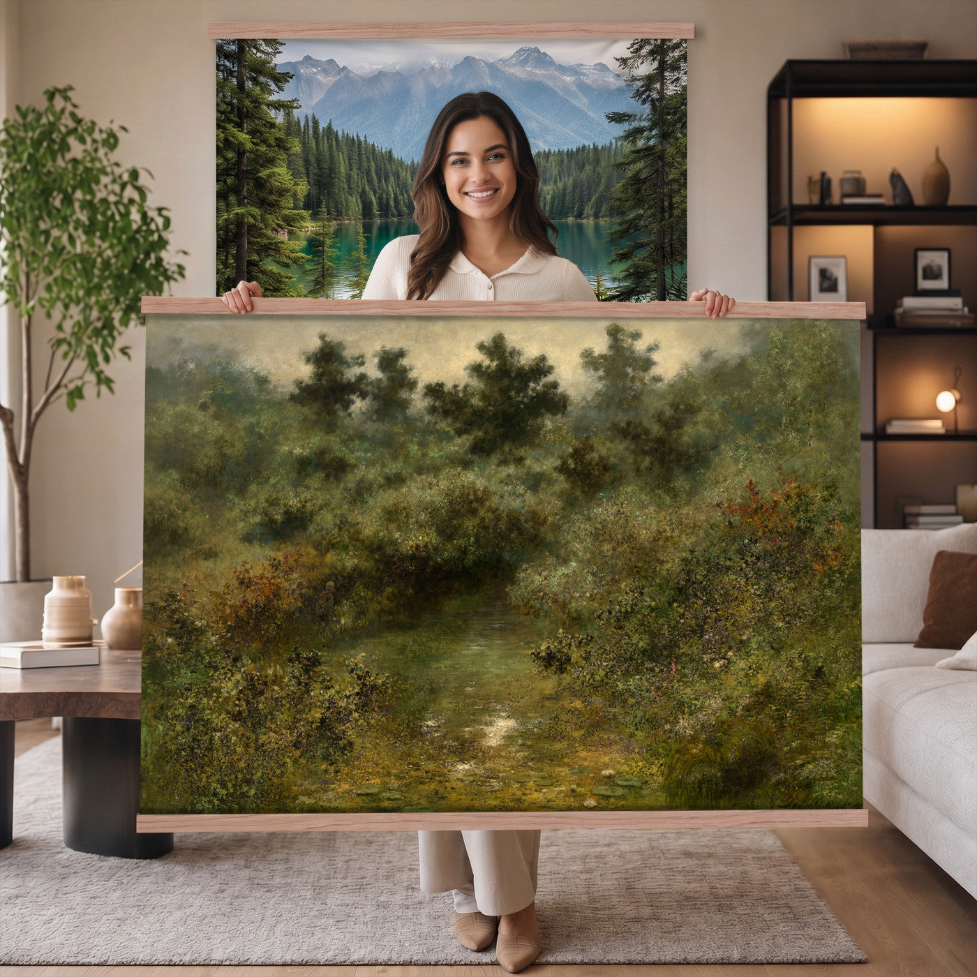 66880646-MGV-TP-30X20 - Barbizon oil painting tapestry wall hanging of "By the Brook" by Xavier De Cock, showing a shaded brook winding through dense woodland, with a small hidden figure resting among the trees in dark layered forest greens with warm brown earth and pale water light. Extra large wall art, made in the USA.