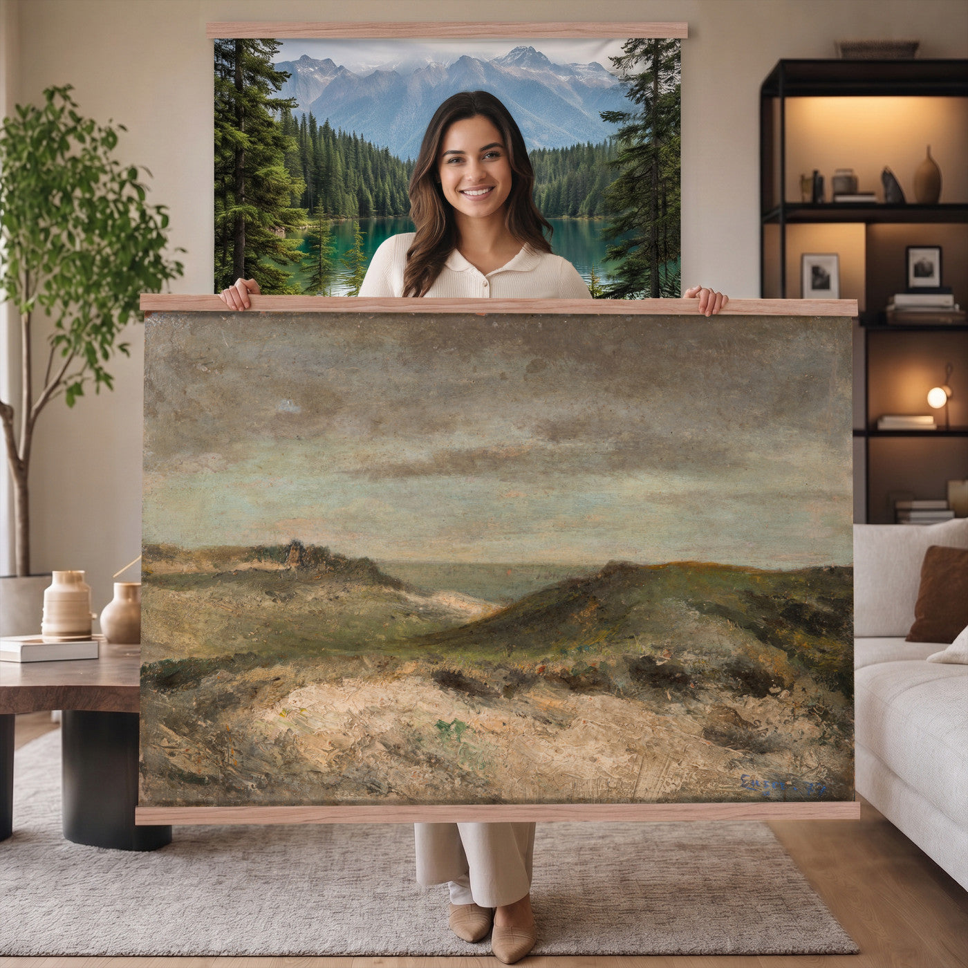68383237-MGV-TP-30X20 - Expressionism oil painting tapestry wall hanging of "Dunes" by James Ensor, showing a steep dune ridge cutting across the canvas, with wind-bent grasses and a heavy sky pressing down behind it in muted sand and olive dune tones under a dark weighted sky. Extra large wall art, made in the USA.