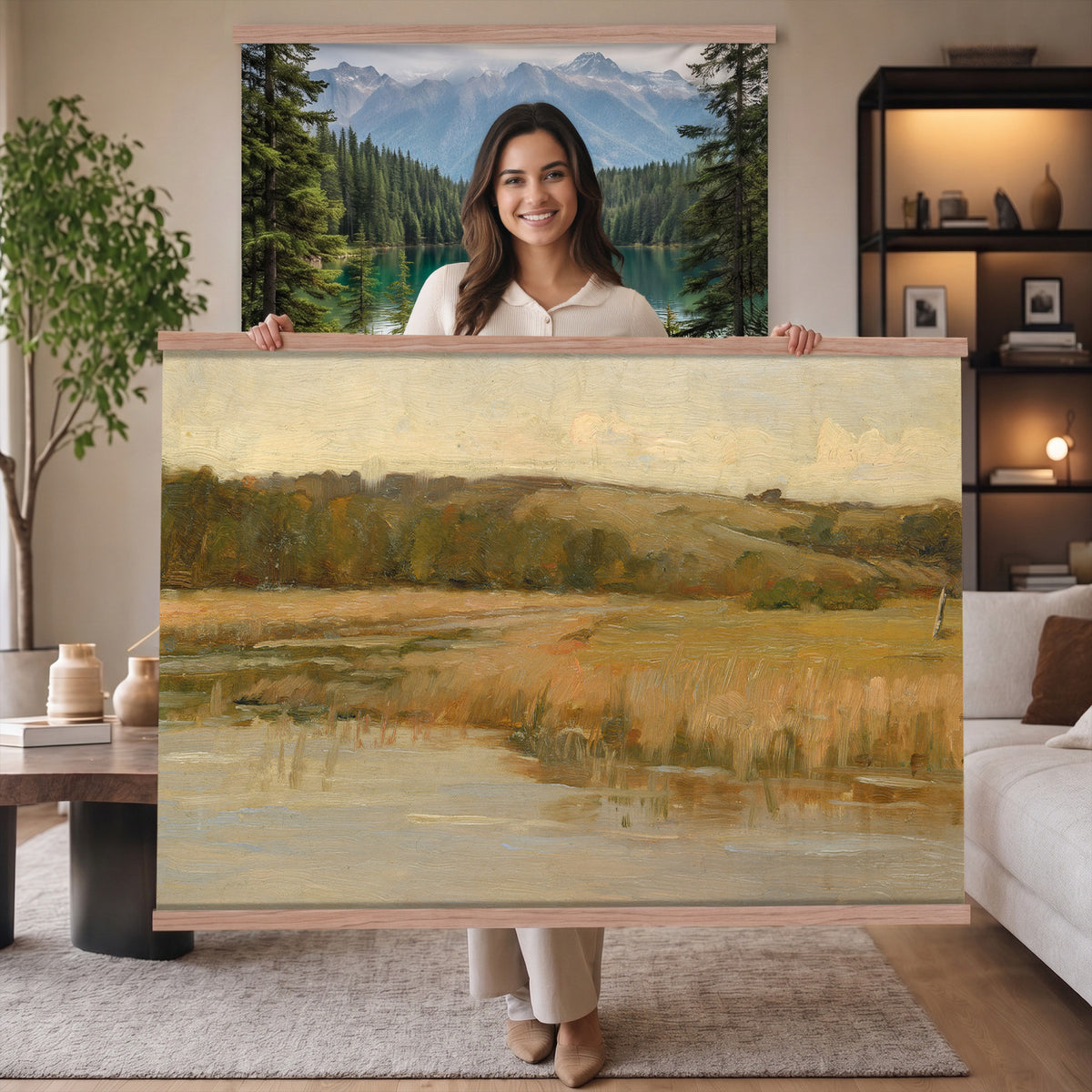 94353895-MGV-TP-30X20 - Tonalism oil painting tapestry wall hanging of "Hill and Marshland" by Charles Harold Davis, showing a low marsh threaded with still water channels, tall reeds, and a rounded hill under a wide luminous sky in muted marsh greens and browns under a wide pale luminous sky. Extra large wall art, made in the USA.