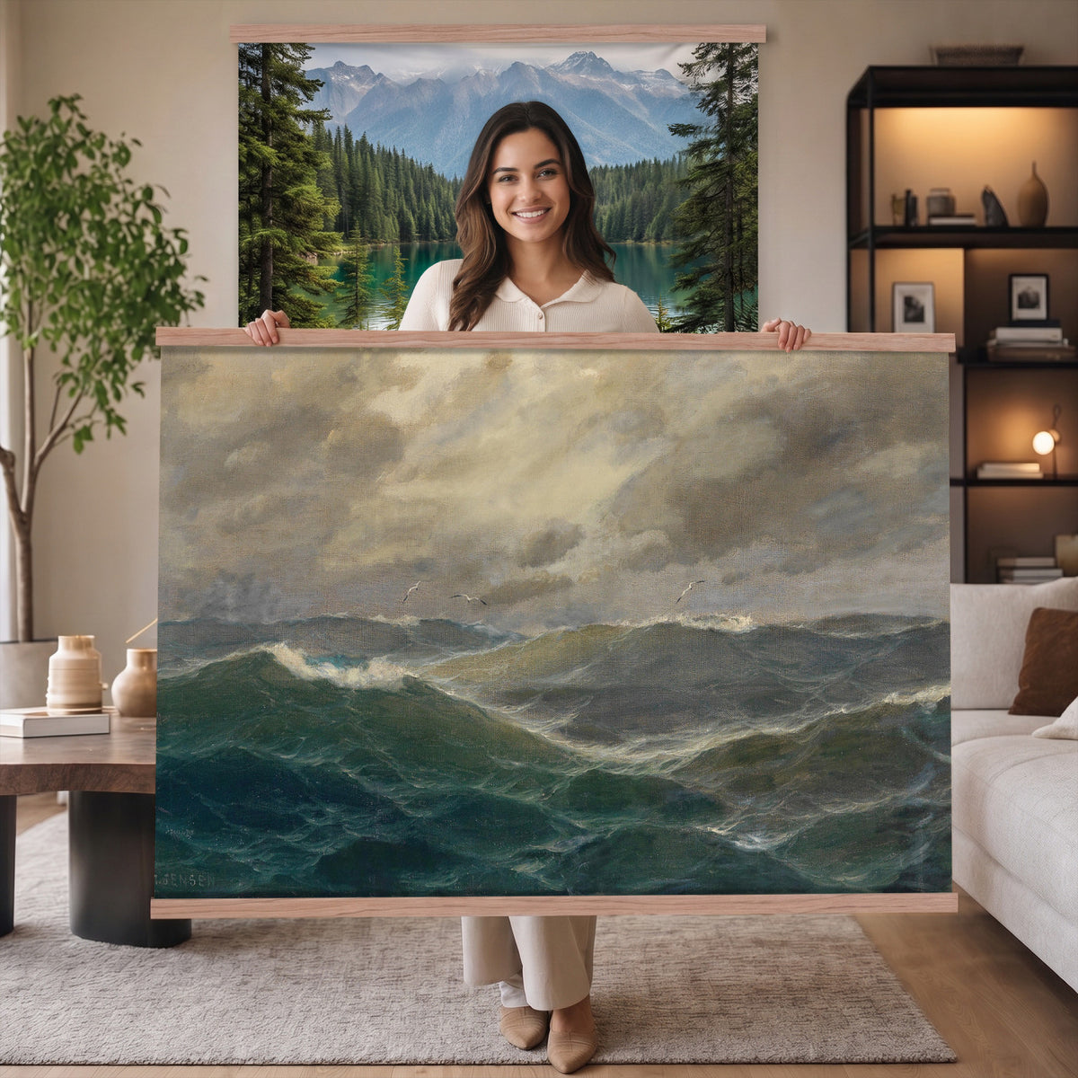 93539190-MGV-TP-30X20 - Realism oil painting tapestry wall hanging of "Stormy Sea" by Alfred Jensen, showing heavy breaking waves rolling under a dark storm sky, with white foam catching the last light on the water in deep grey-green waves with white foam under a heavy storm sky. Extra large wall art, made in the USA.