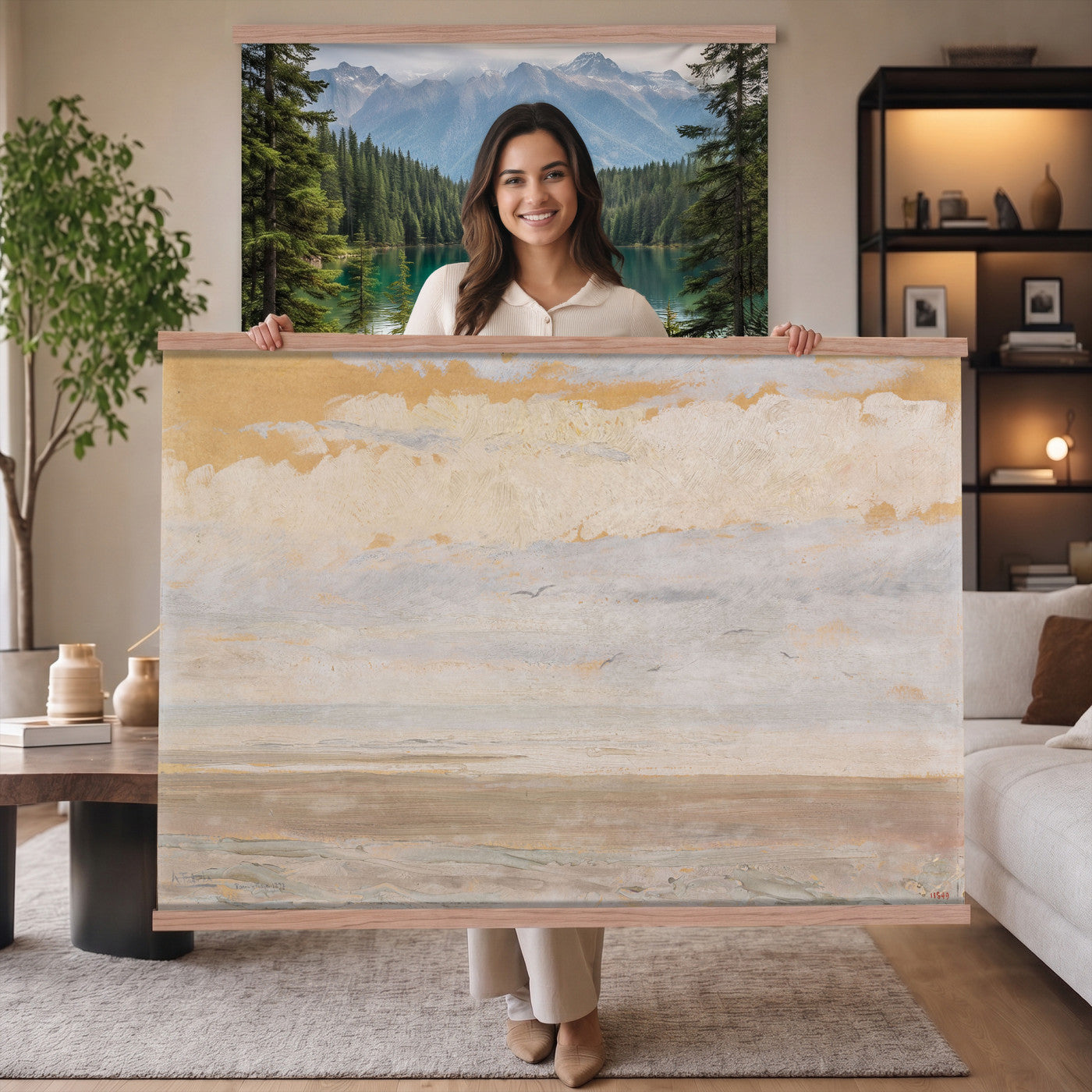 84110612-MGV-TP-30X20 - Art Nouveau pastel study tapestry wall hanging of "The Immensity" by Antoni Fabres, showing a wide empty shoreline meeting a soft pastel sky, with slow drifting clouds and a barely visible horizon line in pale pink, cream, and soft blue cloud tones over a quiet shore. Extra large wall art, made in the USA.