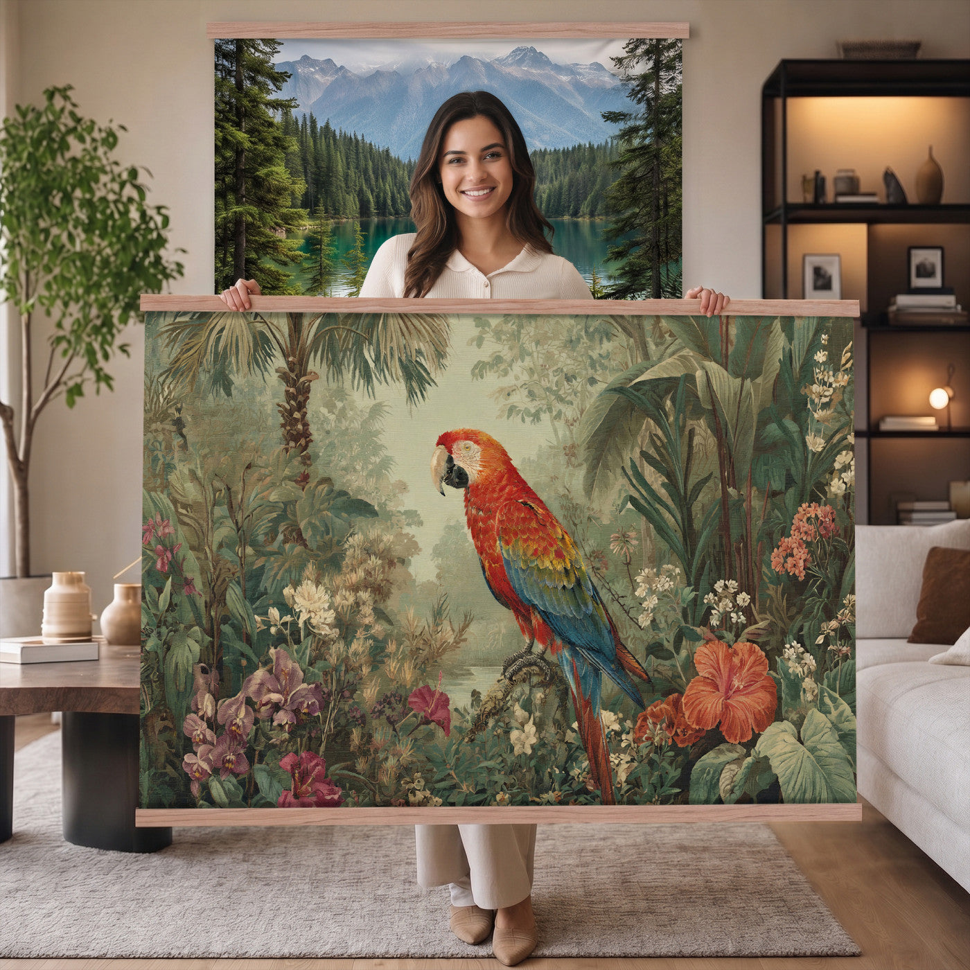 75232040-MGV-TP-30X20 - Botanical botanical illustration tapestry wall hanging of "Scarlet Macaw in the Jungle", showing a scarlet macaw perched among hibiscus flowers, palm leaves and thick rainforest growth in bright scarlet and gold plumage against deep jungle green. Extra large wall art, made in the USA.