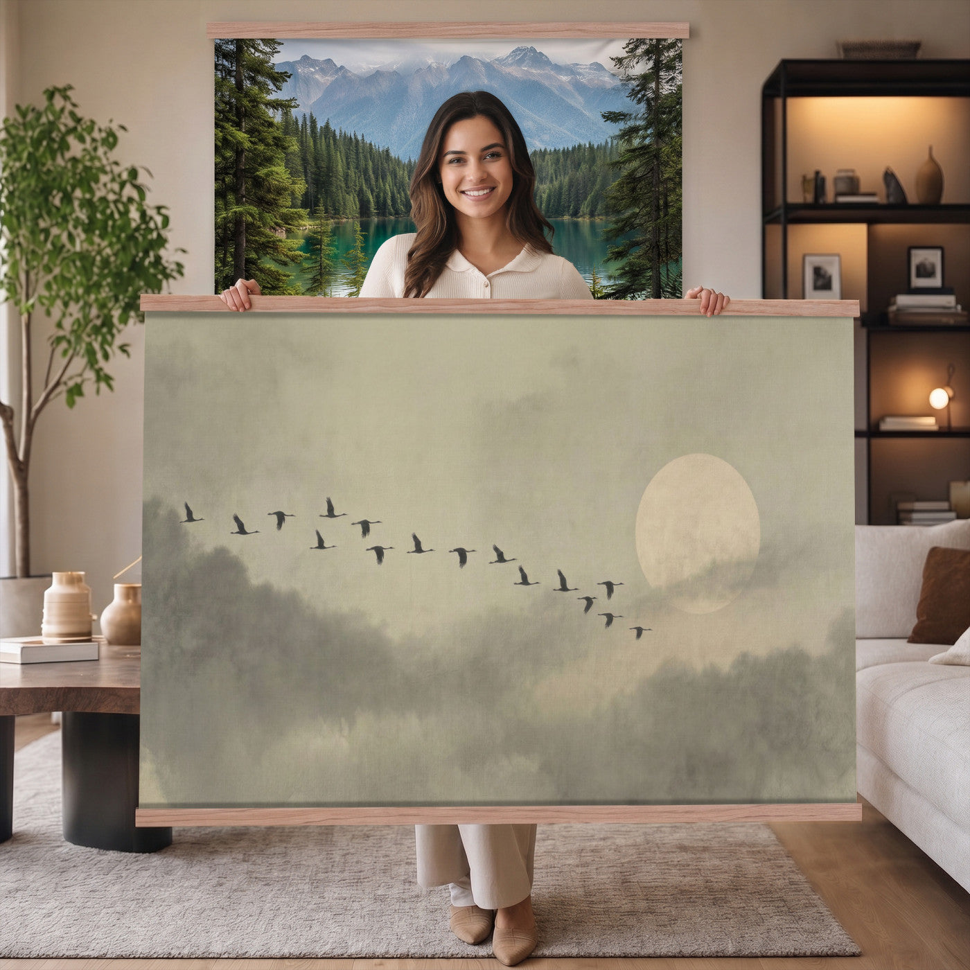 1209814BT-MGV-TP-30X20 - Flying Cranes Tapestry Wall Art, Misty Landscape with Moon, Sage Green Japandi Decor, Framed Print