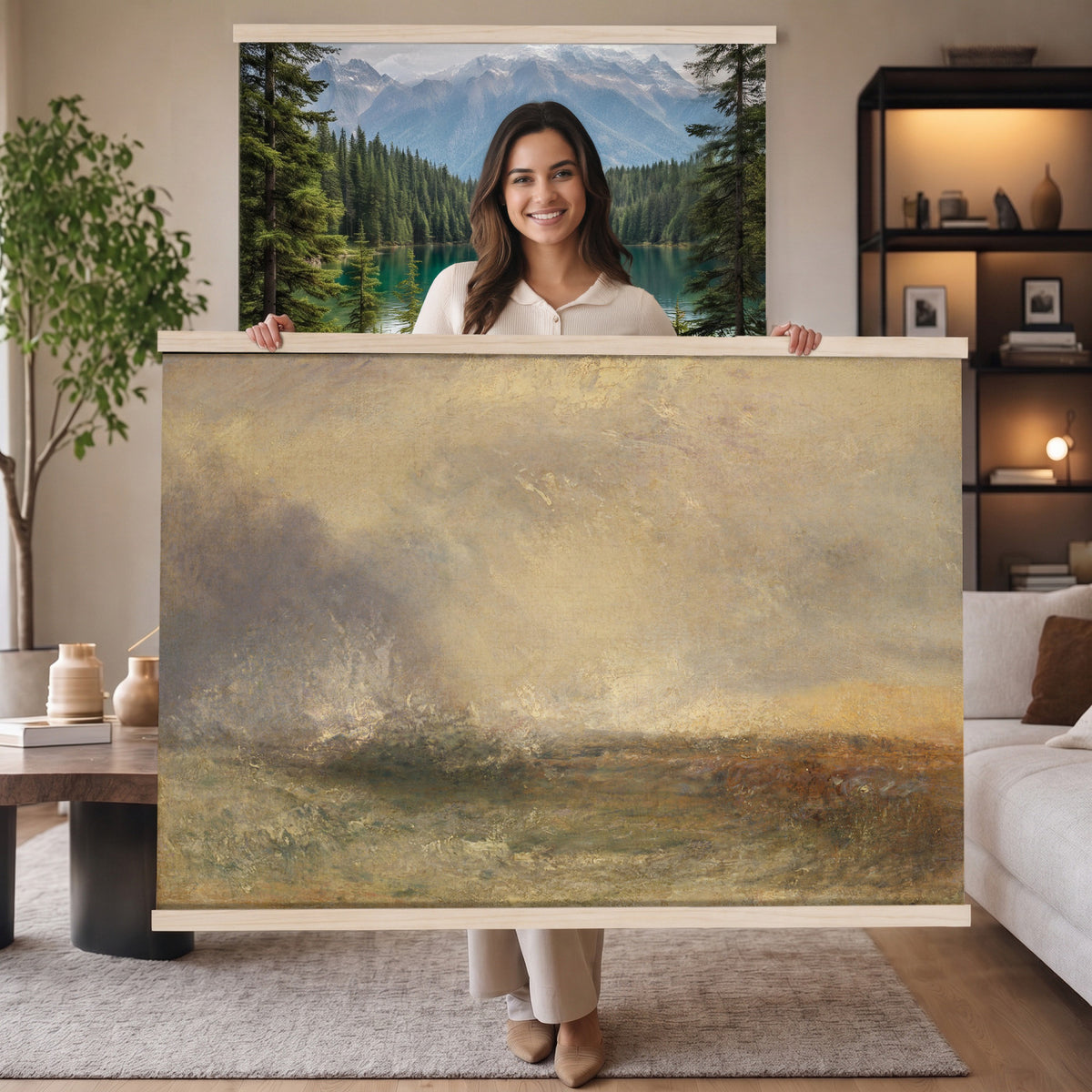 60751788-MGV-TP-30X20 - Tonalism oil painting tapestry wall hanging of "Snow Field" by Charles Henry Eaton, showing an untouched snow field at first light, with a dark tree line at the edge and long blue shadows across the drifts in bright white snow with cool blue shadows and a dark winter tree line. Extra large wall art, made in the USA.
