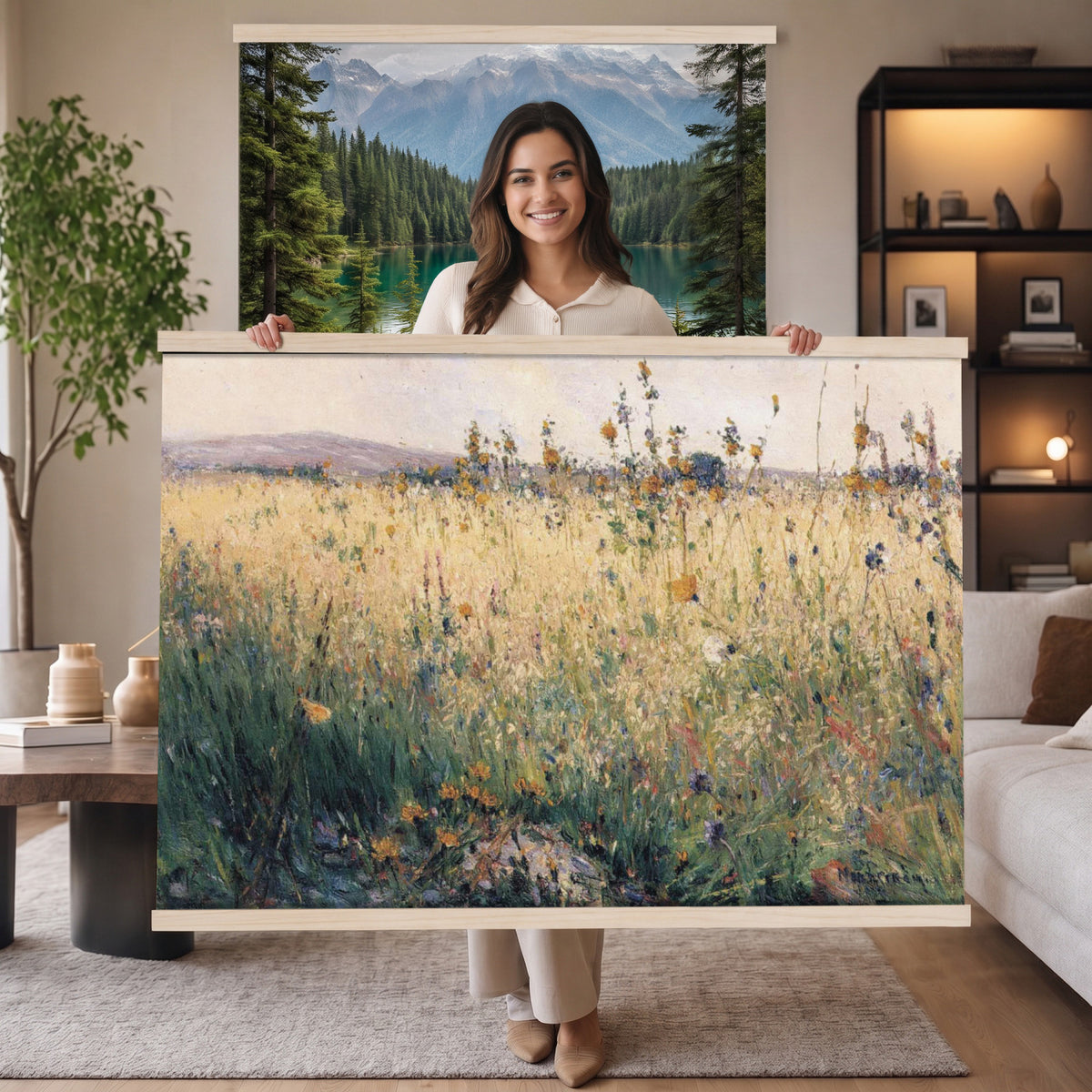 32213014-MGV-TP-30X20 - Tonalism watercolor tapestry wall hanging of "The Babbling Brook" by William Henry Holmes, showing a small brook running through open meadow grass, with soft banks, low shrubs, and a gentle rise beyond in fresh meadow greens with pale blue water and a soft light sky. Extra large wall art, made in the USA.