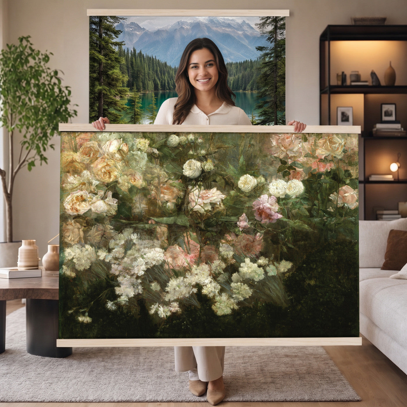 82392202-MGV-TP-30X20 - Post Impressionism oil painting tapestry wall hanging of "White Roses" by Tadeusz Makowski, showing a full bunch of white roses in a simple vase, softly lit against a plain shadowed background in creamy white rose petals and green leaves against a muted warm background. Extra large wall art, made in the USA.