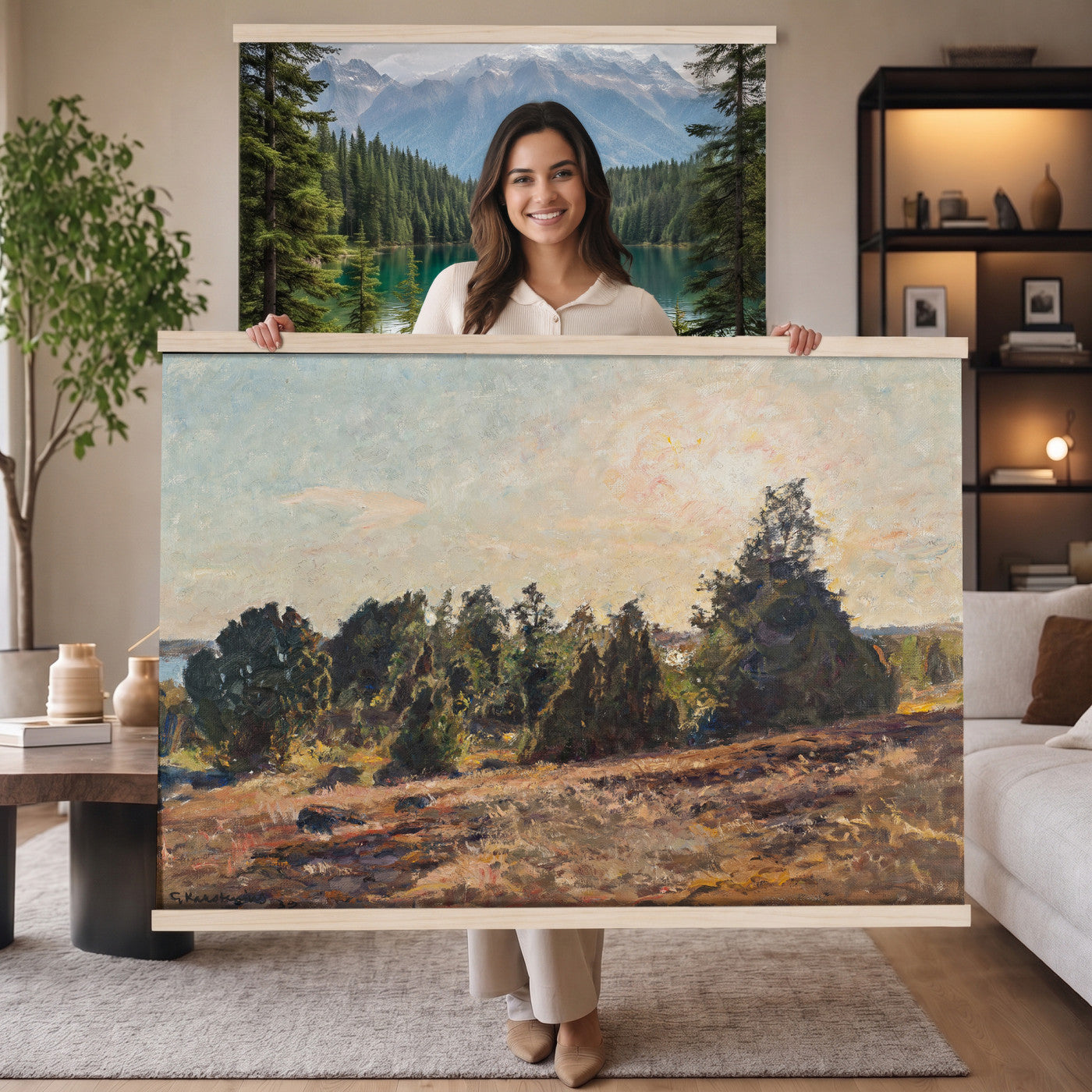 89318871-MGV-TP-30X20 - Impressionism oil painting tapestry wall hanging of "Landscape" by Jane Sutherland, showing a sunlit open field, dry golden grasses, and slender eucalyptus trees leaning under a bright southern sky in warm golden field tones with soft sage-green eucalyptus foliage. Extra large wall art, made in the USA.