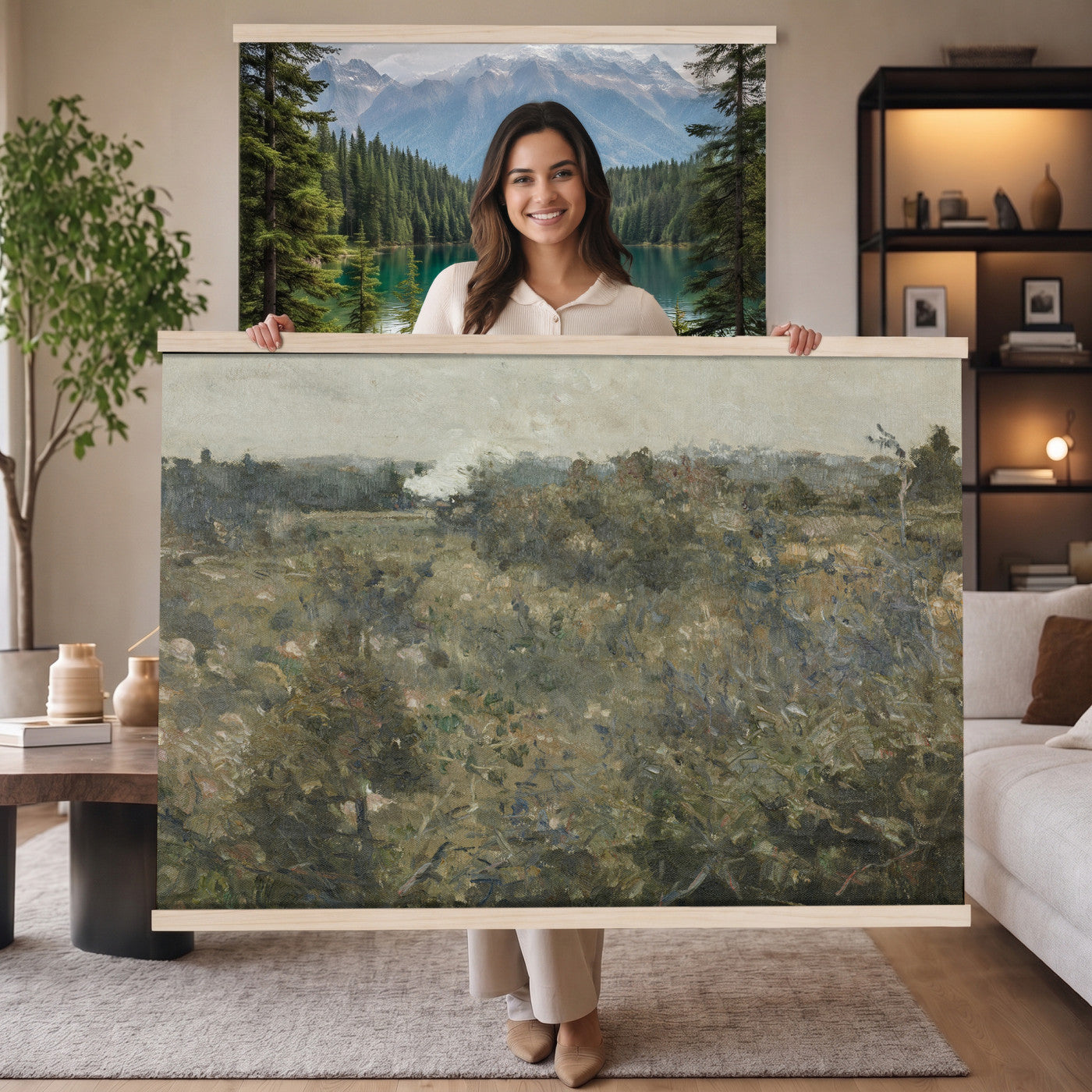 17414183-MGV-TP-30X20 - Realism oil study tapestry wall hanging of "Landscape Study at Grez-sur-Loing" by Frans Van Leemputten, showing an open field study at Grez-sur-Loing, with loose brushwork across low crops, hedgerows, and a soft French sky in soft field greens and warm earth tones under a pale washed sky. Extra large wall art, made in the USA.