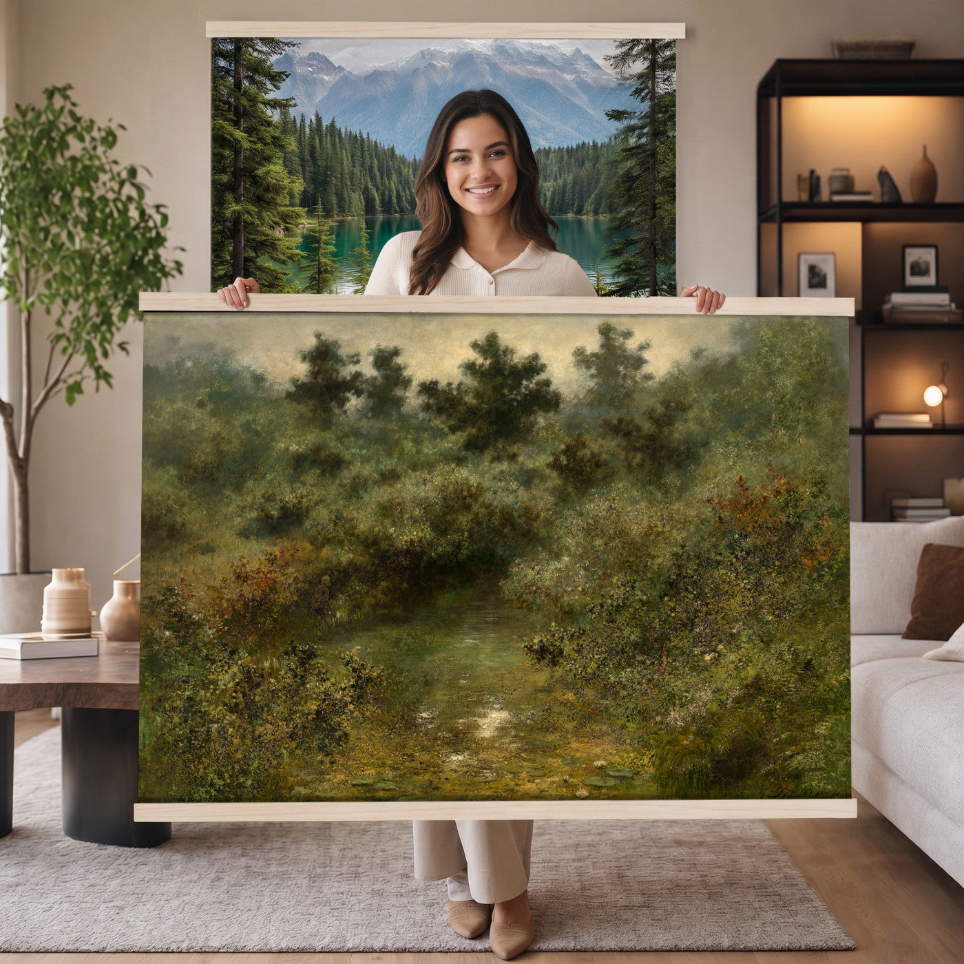 66880646-MGV-TP-30X20 - Barbizon oil painting tapestry wall hanging of "By the Brook" by Xavier De Cock, showing a shaded brook winding through dense woodland, with a small hidden figure resting among the trees in dark layered forest greens with warm brown earth and pale water light. Extra large wall art, made in the USA.