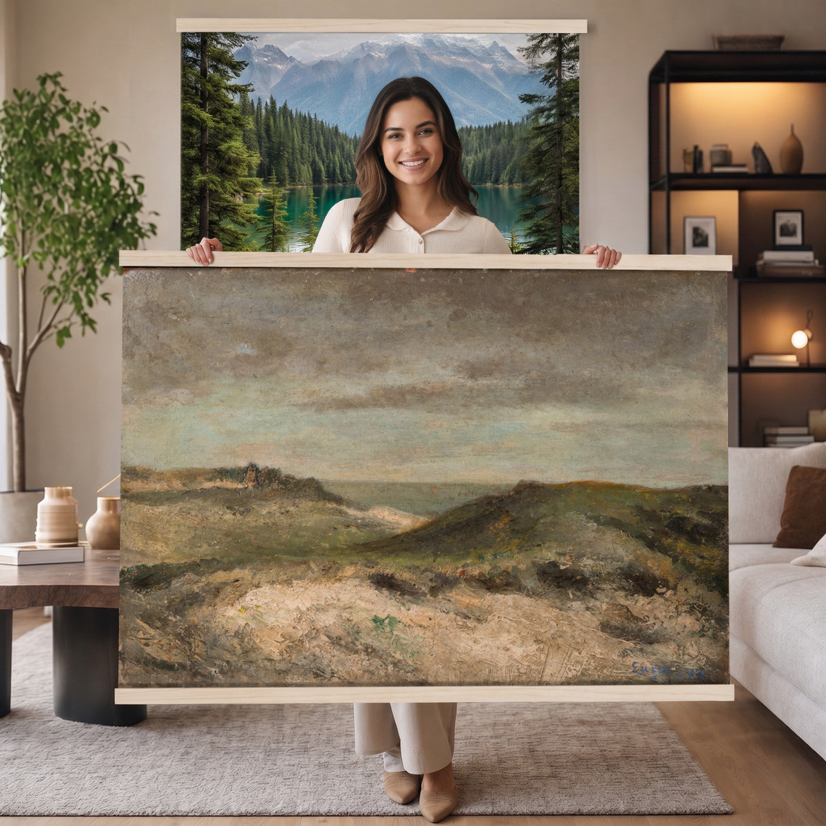 68383237-MGV-TP-30X20 - Expressionism oil painting tapestry wall hanging of "Dunes" by James Ensor, showing a steep dune ridge cutting across the canvas, with wind-bent grasses and a heavy sky pressing down behind it in muted sand and olive dune tones under a dark weighted sky. Extra large wall art, made in the USA.