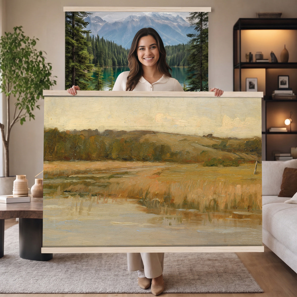94353895-MGV-TP-30X20 - Tonalism oil painting tapestry wall hanging of "Hill and Marshland" by Charles Harold Davis, showing a low marsh threaded with still water channels, tall reeds, and a rounded hill under a wide luminous sky in muted marsh greens and browns under a wide pale luminous sky. Extra large wall art, made in the USA.
