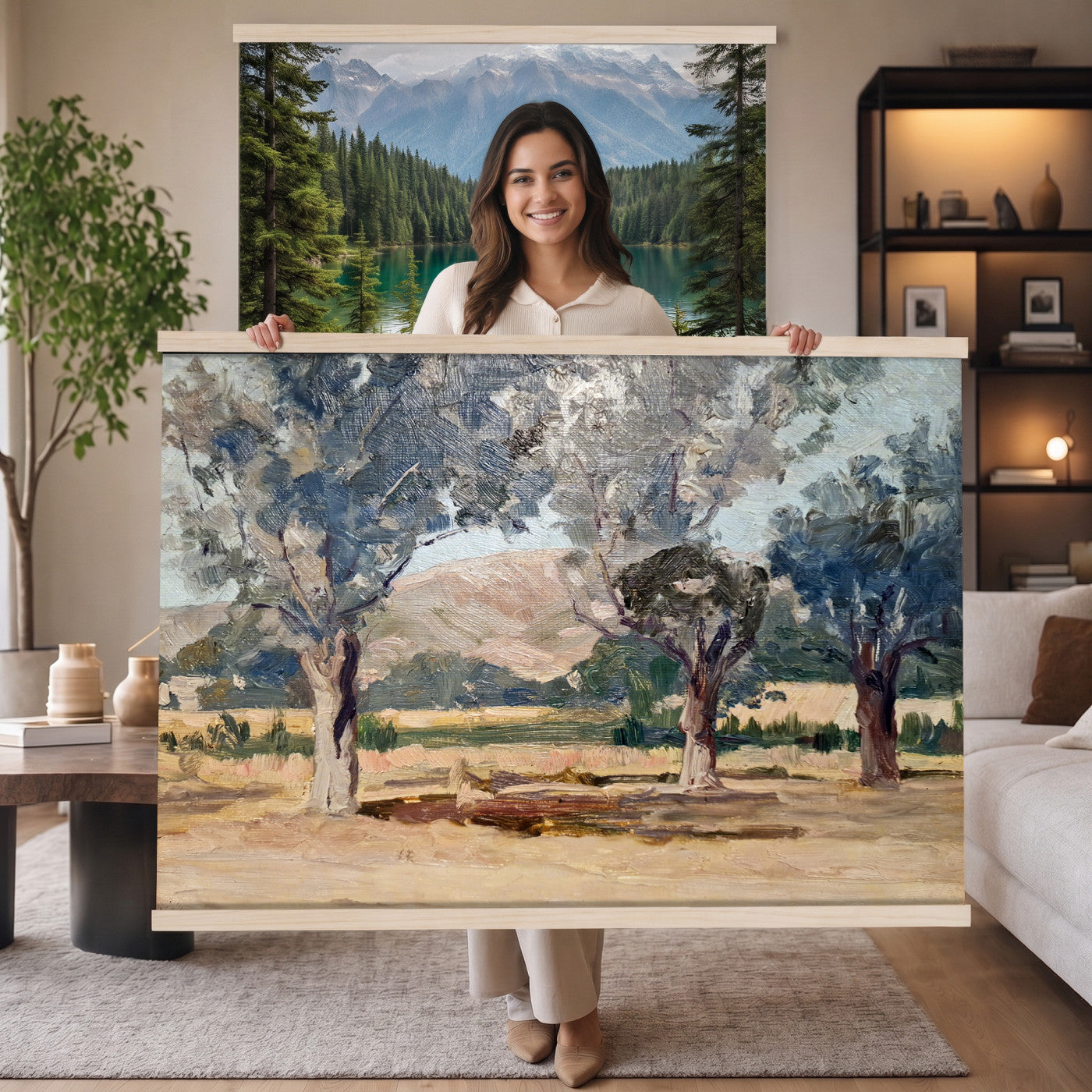 38071069-MGV-TP-30X20 - Impressionism oil painting tapestry wall hanging of "Landscape" by Jane Sutherland, showing a sunlit open field, dry golden grasses, and slender eucalyptus trees leaning under a bright southern sky in warm golden field tones with soft sage-green eucalyptus foliage. Extra large wall art, made in the USA.