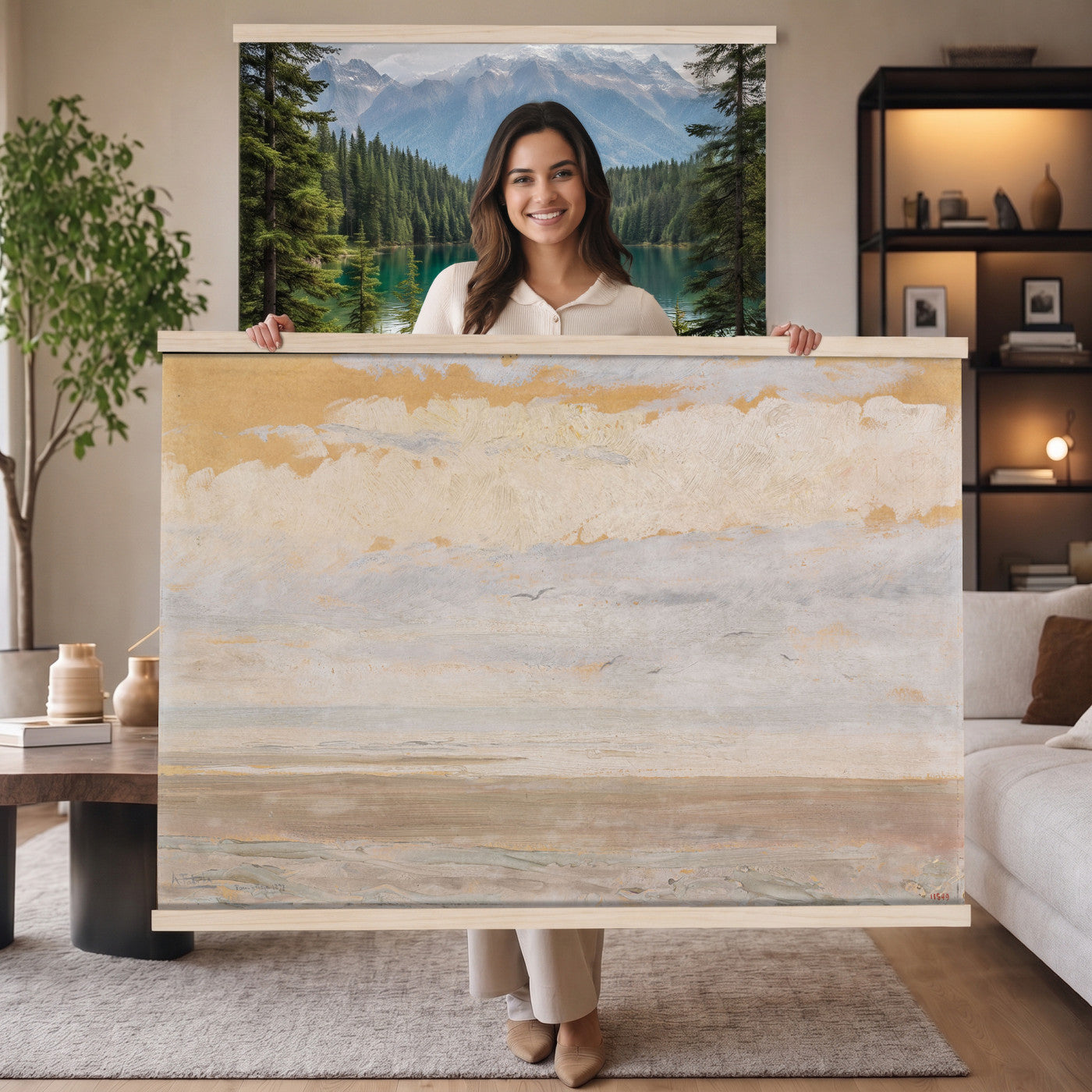 84110612-MGV-TP-30X20 - Art Nouveau pastel study tapestry wall hanging of "The Immensity" by Antoni Fabres, showing a wide empty shoreline meeting a soft pastel sky, with slow drifting clouds and a barely visible horizon line in pale pink, cream, and soft blue cloud tones over a quiet shore. Extra large wall art, made in the USA.