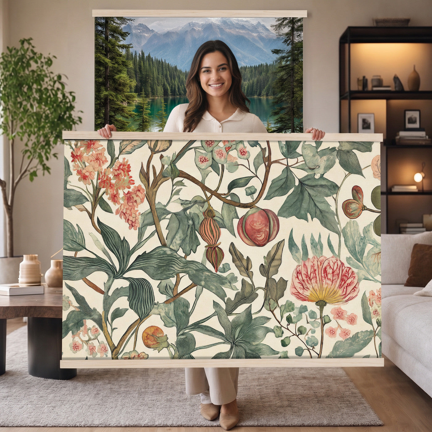 67322868-MGV-TP-30X20 - Art Nouveau pattern design tapestry wall hanging of "Pomegranate Botanical Pattern" by William Morris, showing a repeating weave of pomegranates, open blossoms and curling acanthus leaves in perfect balance in warm ruby fruit and deep green foliage on a cream ground. Extra large wall art, made in the USA.