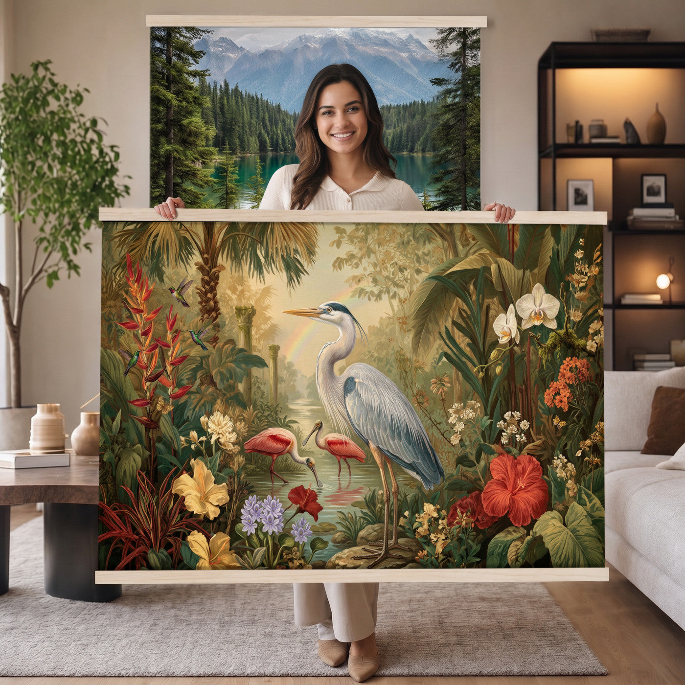 20081183-MGV-TP-30X20 - Botanical botanical illustration tapestry wall hanging of "Great Blue Heron in the Jungle", showing a great blue heron standing among hibiscus blooms, palm fronds and dense tropical foliage in deep jungle greens with red hibiscus and soft blue heron plumage. Extra large wall art, made in the USA.