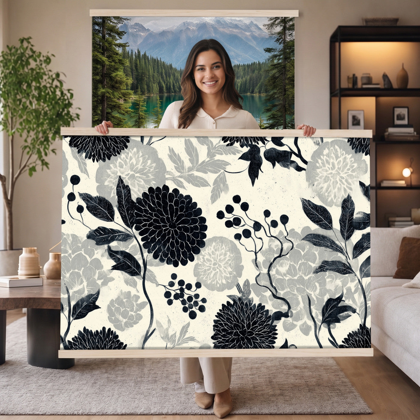 27269625-MGV-TP-30X20 - Chinoiserie ink block print tapestry wall hanging of "Chinoiserie Peony and Chrysanthemum Panel", showing peonies and chrysanthemums layered across a soft grey field, drawn in muted black line in black and soft grey linework on a warm neutral ground. Extra large wall art, made in the USA.