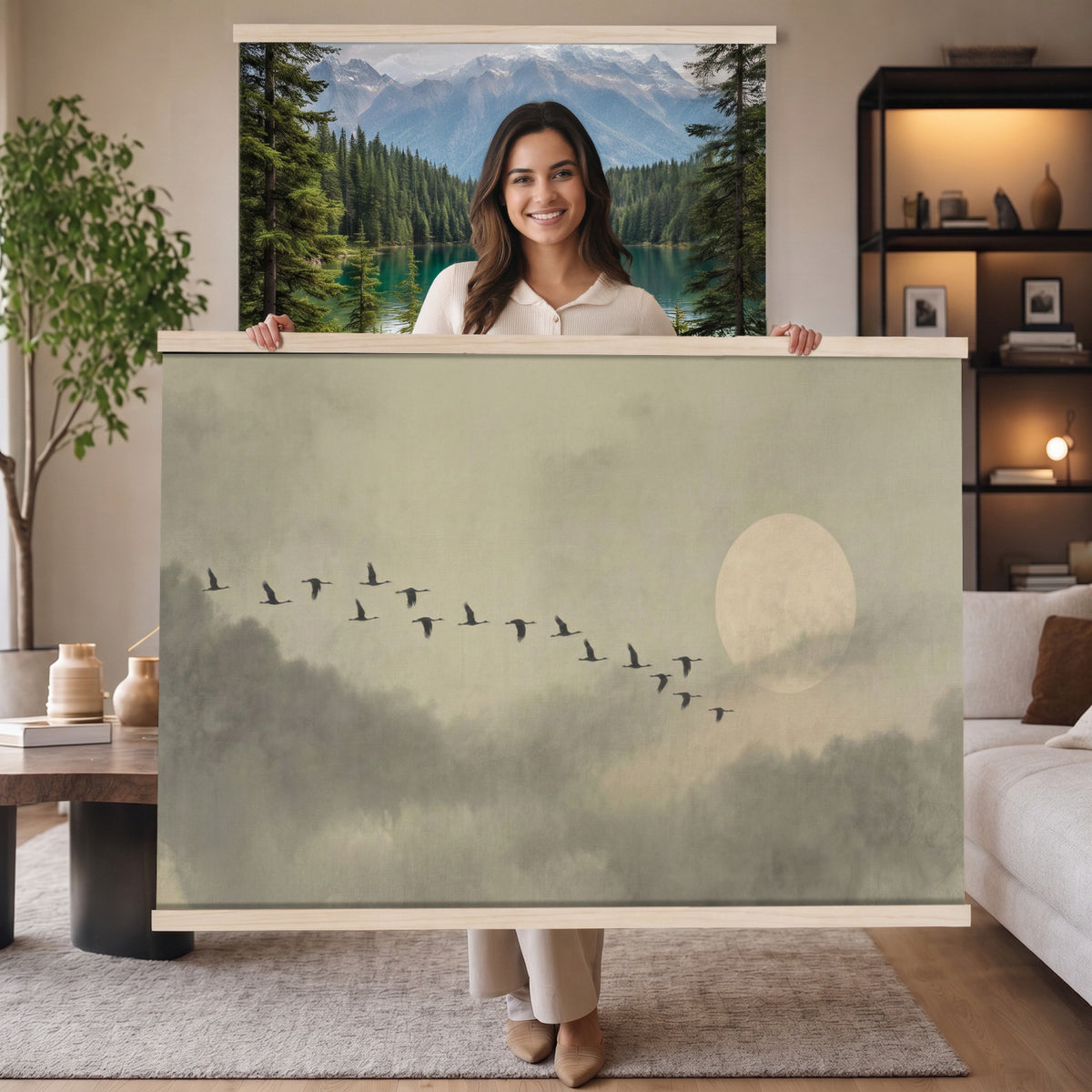 1209814BT-MGV-TP-30X20 - Flying Cranes Tapestry Wall Art, Misty Landscape with Moon, Sage Green Japandi Decor, Framed Print