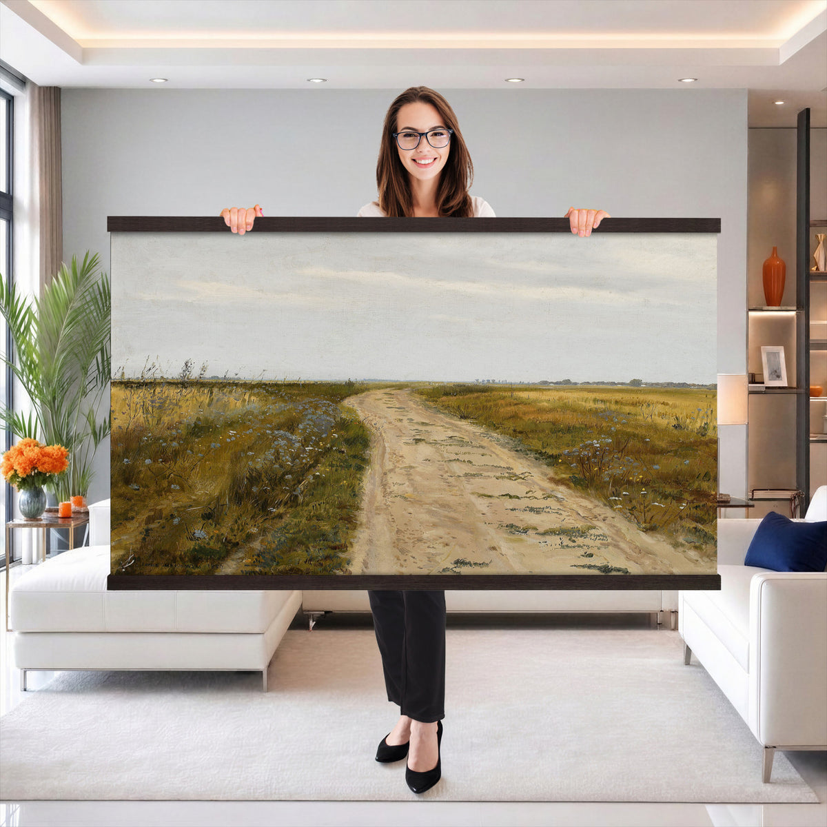 93198256-MGV-TP-30X20 - Realism oil painting tapestry wall hanging of "Field Track" by Jozef Chelmonski, showing a rutted dirt track cutting through open meadow grass toward a low horizon and a wide country sky in warm earth track tones with green meadow grass under a broad sky. Extra large wall art, made in the USA.