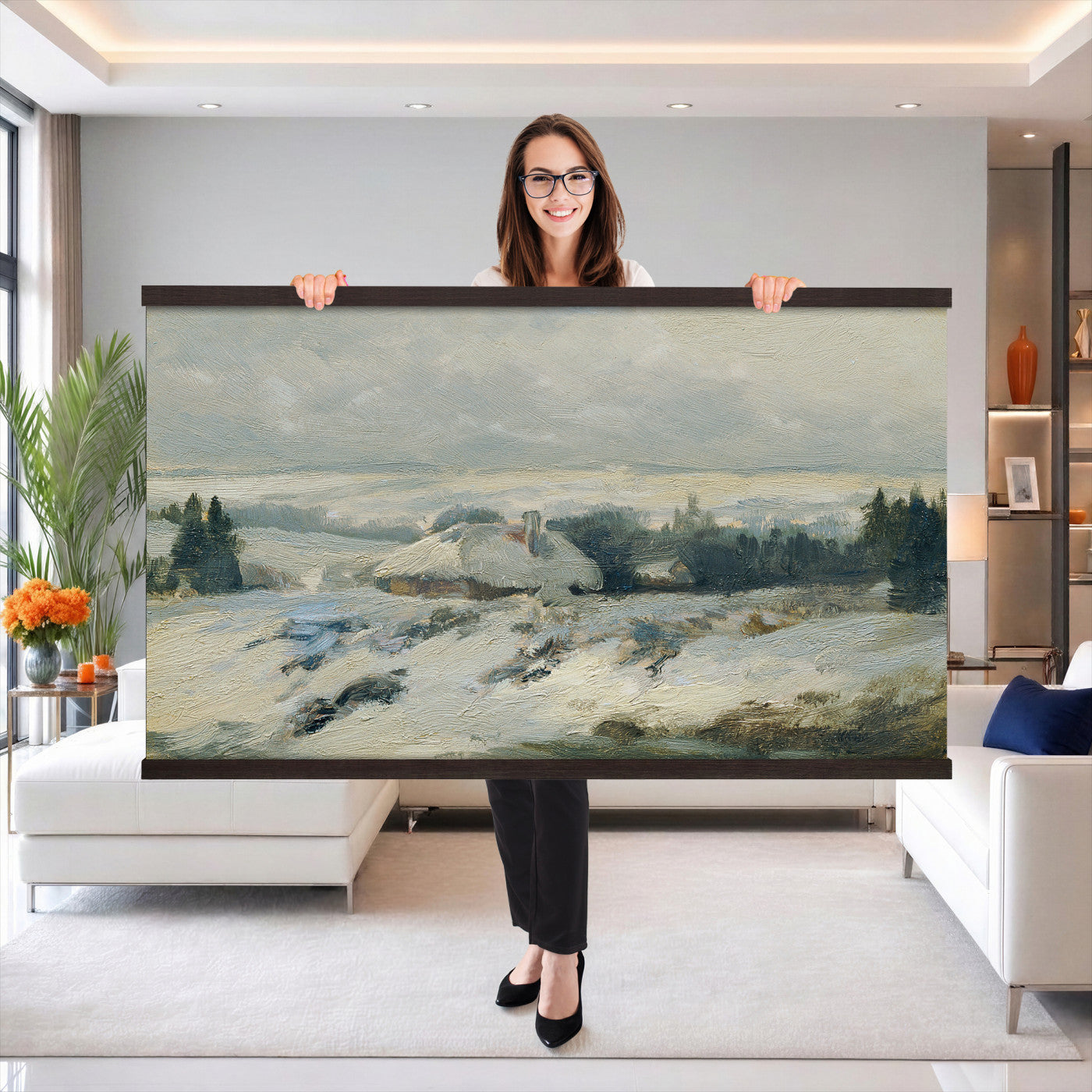 95240376-MGV-TP-30X20 - Realism oil painting tapestry wall hanging of "Bohmisch-Mahrische Hohe" by Ferdinand Engelmuller, showing a snow-covered highland village with low cottages, bare trees, and deep drifts stretching toward pale winter hills in cool white snow with warm ochre cottage walls under a pale winter sky. Extra large wall art, made in the USA.