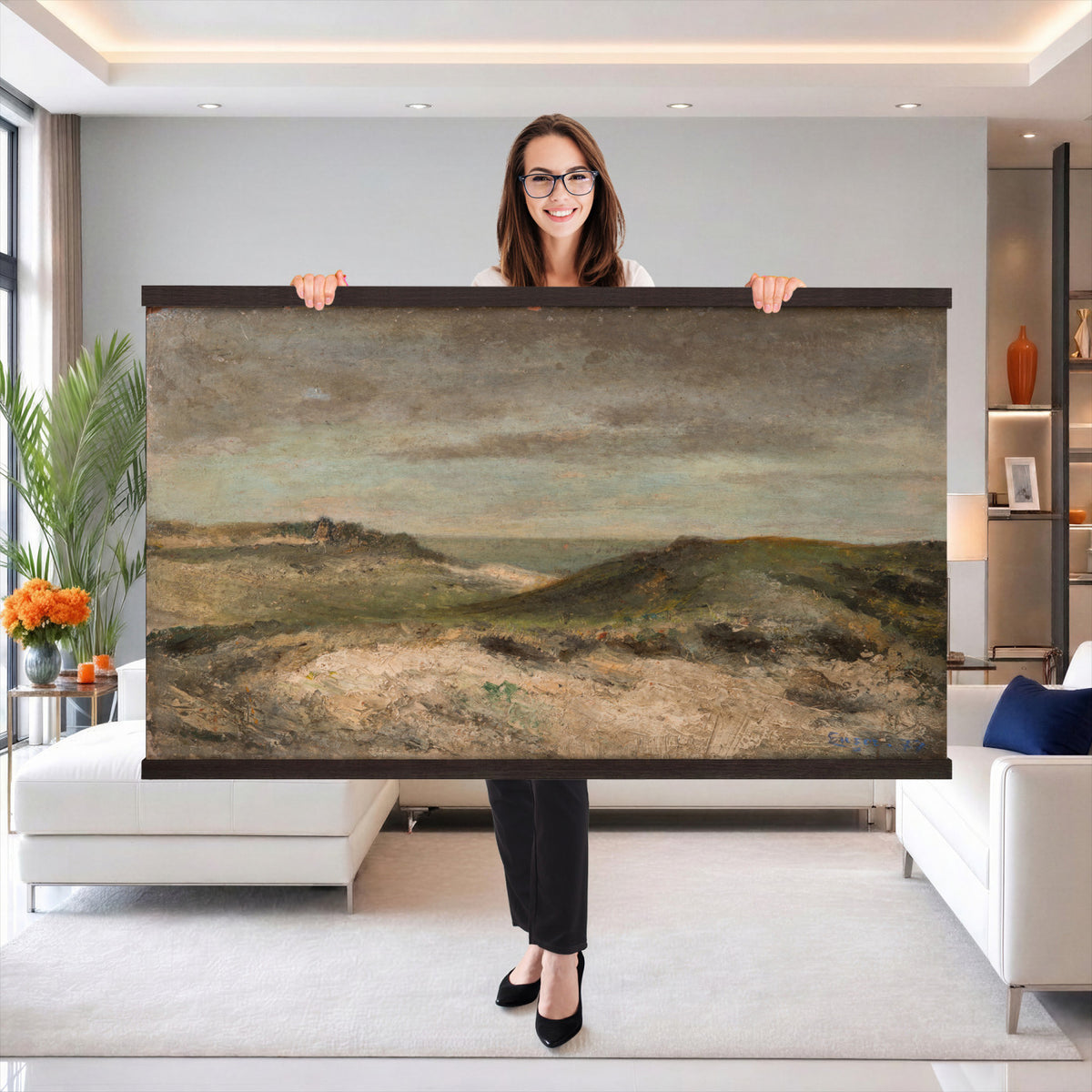 68383237-MGV-TP-30X20 - Expressionism oil painting tapestry wall hanging of "Dunes" by James Ensor, showing a steep dune ridge cutting across the canvas, with wind-bent grasses and a heavy sky pressing down behind it in muted sand and olive dune tones under a dark weighted sky. Extra large wall art, made in the USA.