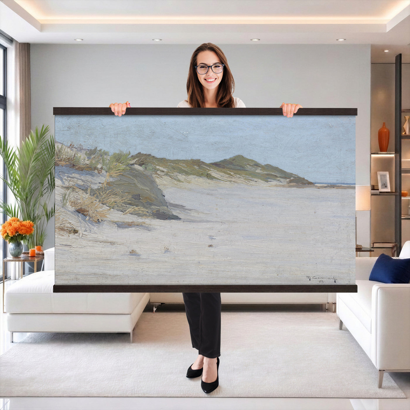 74023087-MGV-TP-30X20 - Impressionism oil painting tapestry wall hanging of "Beach Dunes" by Max Clarenbach, showing low rolling sand dunes topped with pale beach grass, opening toward a quiet sea under a wide soft sky in pale sand tones and dune grass under a wide soft blue-grey sky. Extra large wall art, made in the USA.