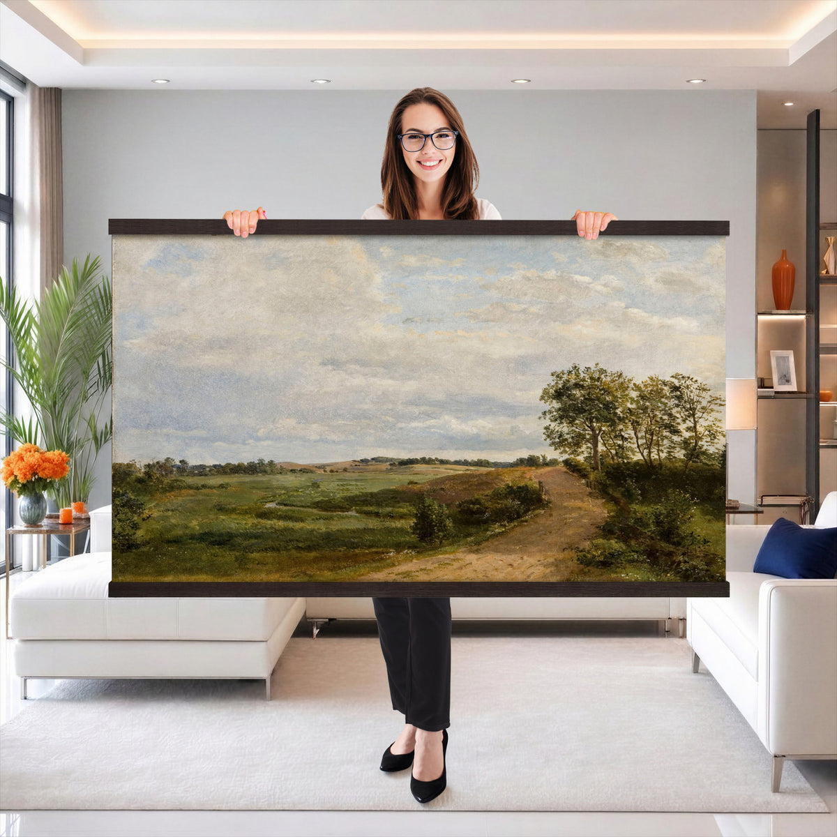53363268-MGV-TP-30X20 - Realism oil study tapestry wall hanging of "Road across the Hills, Study" by Dankvart Dreyer, showing a bare country road climbing across open hills, with low scrub, worn ruts, and a wide Danish sky above in warm sandy road tones and dry hill greens under a pale wide sky. Extra large wall art, made in the USA.