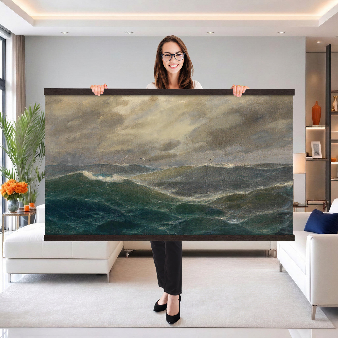 93539190-MGV-TP-30X20 - Realism oil painting tapestry wall hanging of "Stormy Sea" by Alfred Jensen, showing heavy breaking waves rolling under a dark storm sky, with white foam catching the last light on the water in deep grey-green waves with white foam under a heavy storm sky. Extra large wall art, made in the USA.