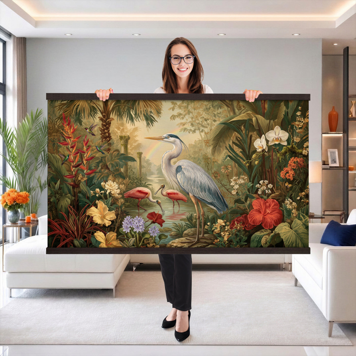 20081183-MGV-TP-30X20 - Botanical botanical illustration tapestry wall hanging of "Great Blue Heron in the Jungle", showing a great blue heron standing among hibiscus blooms, palm fronds and dense tropical foliage in deep jungle greens with red hibiscus and soft blue heron plumage. Extra large wall art, made in the USA.
