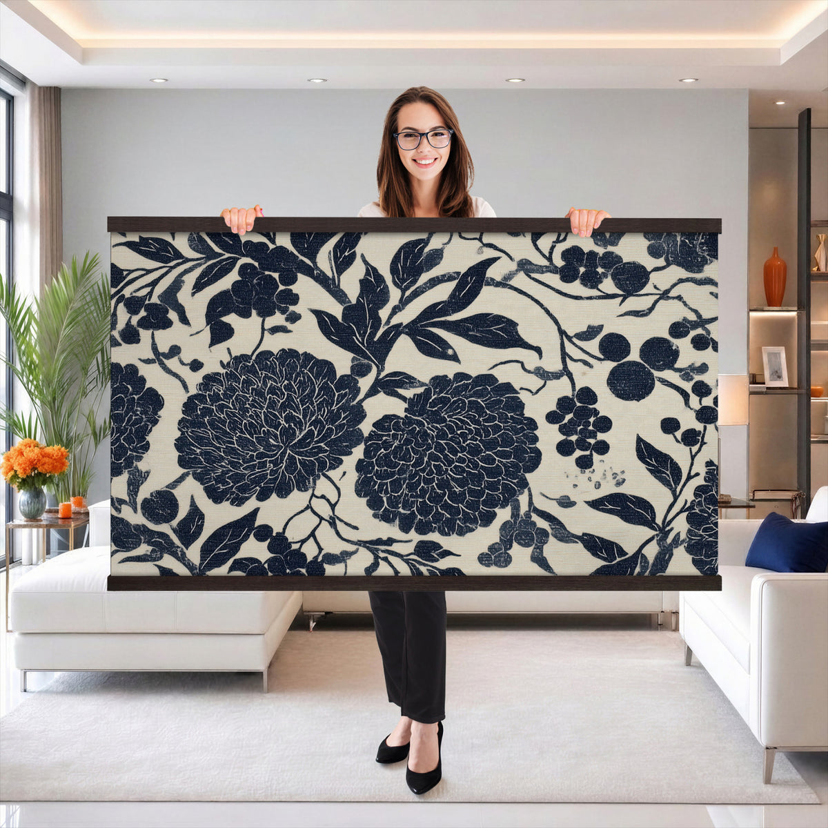 42507419-MGV-TP-30X20 - Chinoiserie ink block print tapestry wall hanging of "Chinoiserie Peony and Chrysanthemum Panel", showing peonies and chrysanthemums layered across a soft grey field, drawn in muted black line in black and soft grey linework on a warm neutral ground. Extra large wall art, made in the USA.
