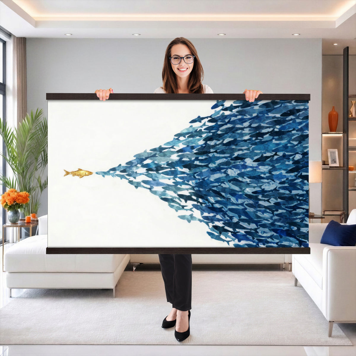 79089639TT-MGV-TP-30X20 - Abstract Blue Fish School Canvas Wall Art, Gold Foil Accent Marine Print