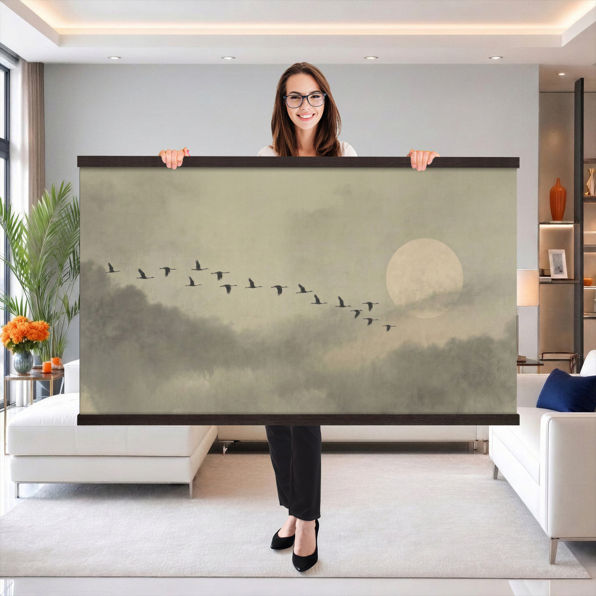 1209814BT-MGV-TP-30X20 - Flying Cranes Tapestry Wall Art, Misty Landscape with Moon, Sage Green Japandi Decor, Framed Print