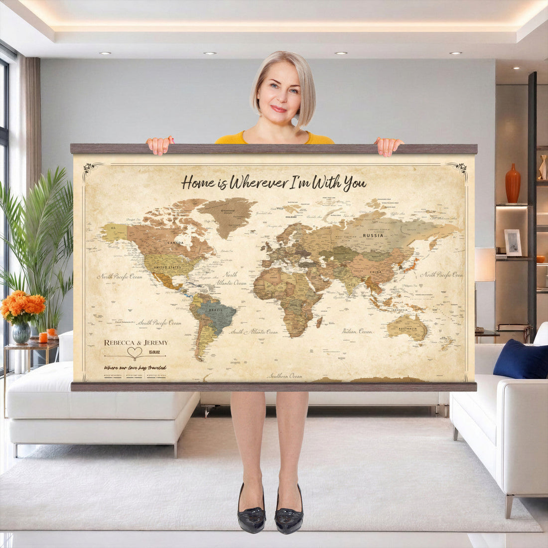 Personalized Framed Blue Push Pin World Map Wall Art, Bucket List Map, Dining Room and Study Decor
