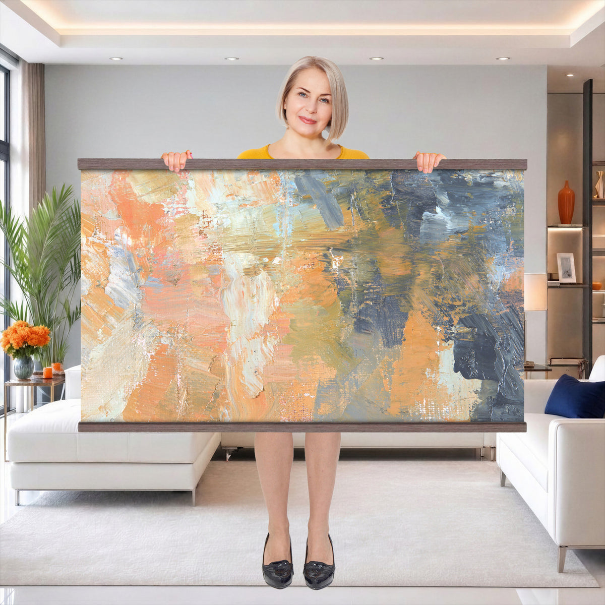 92754702-MGV-TP-30X20 - Cubism abstract oil painting tapestry wall hanging of "Abstract Landscape" by Nicolas de Stael, showing thick blocks of peach, grey, and cream laid side by side into a landscape that reads as pure shape and color in soft peach, warm grey, and cream color blocks. Extra large wall art, made in the USA.