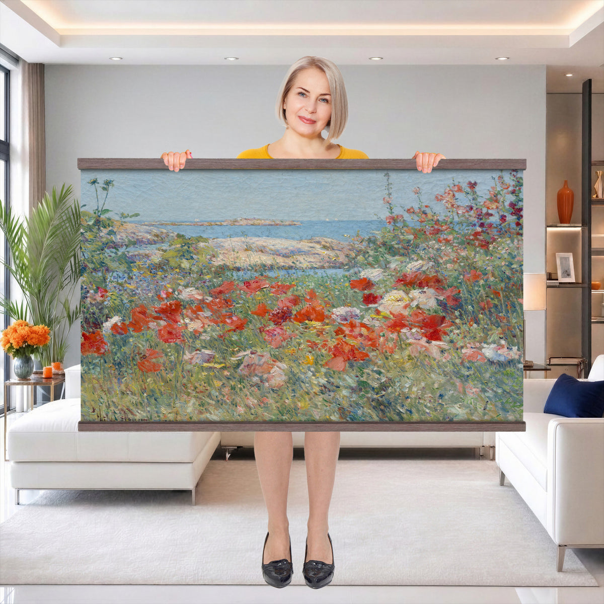 16720314-MGV-TP-30X20 - Impressionism oil painting tapestry wall hanging of "Celia Thaxter's Garden, Isles of Shoals" by Childe Hassam, showing a cliffside garden bursting with red poppies above a bright blue sea and rocky island shore in vivid red poppies against deep blue sea and green garden foliage. Extra large wall art, made in the USA.