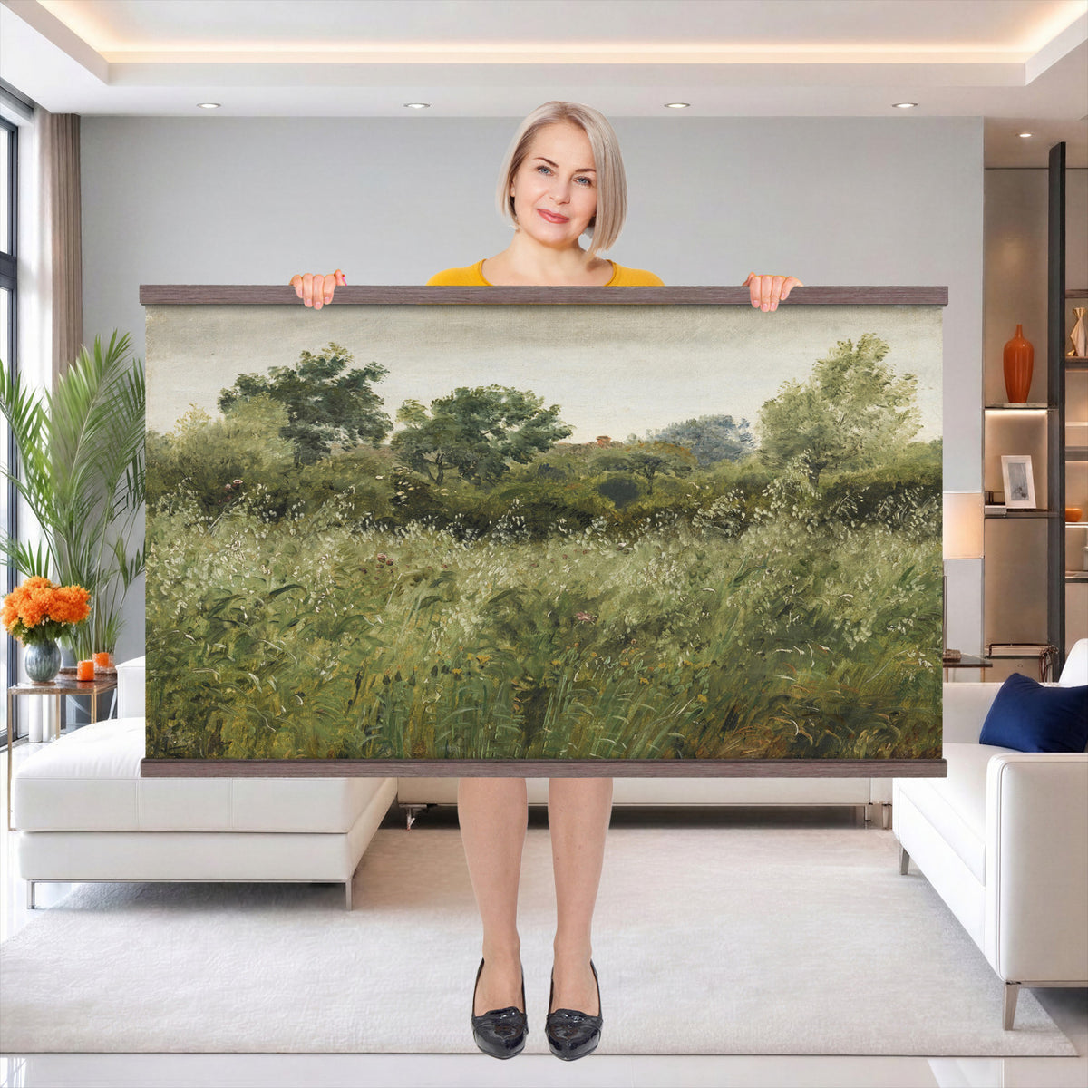 65790269-MGV-TP-30X20 - Realism oil painting tapestry wall hanging of "Field of Oats near Vejby" by Dankvart Dreyer, showing a ripe oat field bending in the breeze, with low farm buildings and a wide soft Danish sky beyond in warm golden oat tones with soft green edges under a pale wide sky. Extra large wall art, made in the USA.