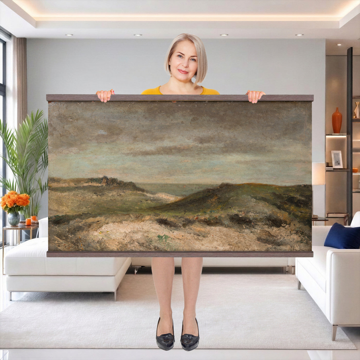 68383237-MGV-TP-30X20 - Expressionism oil painting tapestry wall hanging of "Dunes" by James Ensor, showing a steep dune ridge cutting across the canvas, with wind-bent grasses and a heavy sky pressing down behind it in muted sand and olive dune tones under a dark weighted sky. Extra large wall art, made in the USA.